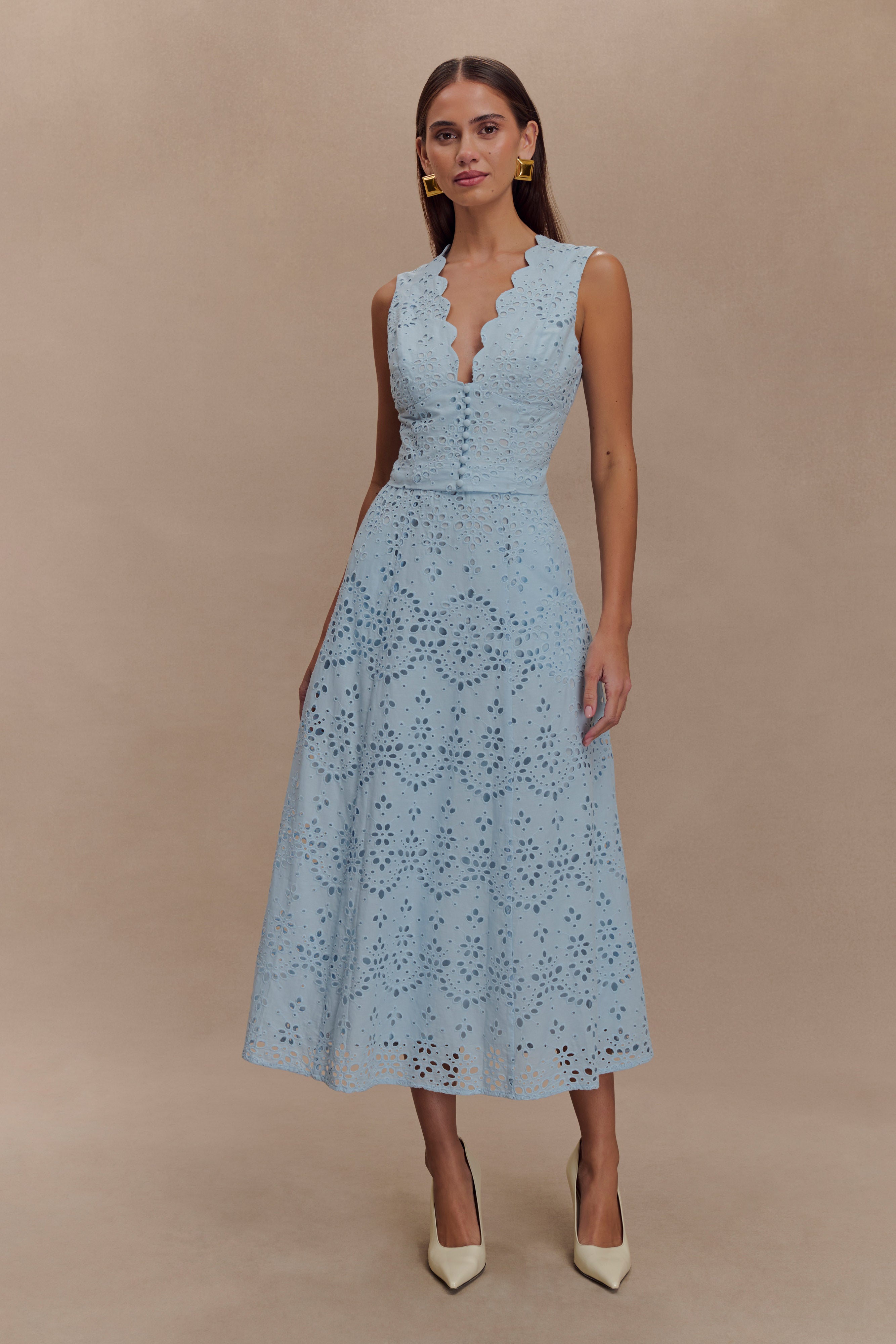 Arla Broderie Midi Skirt - Pale Cornflower Blue