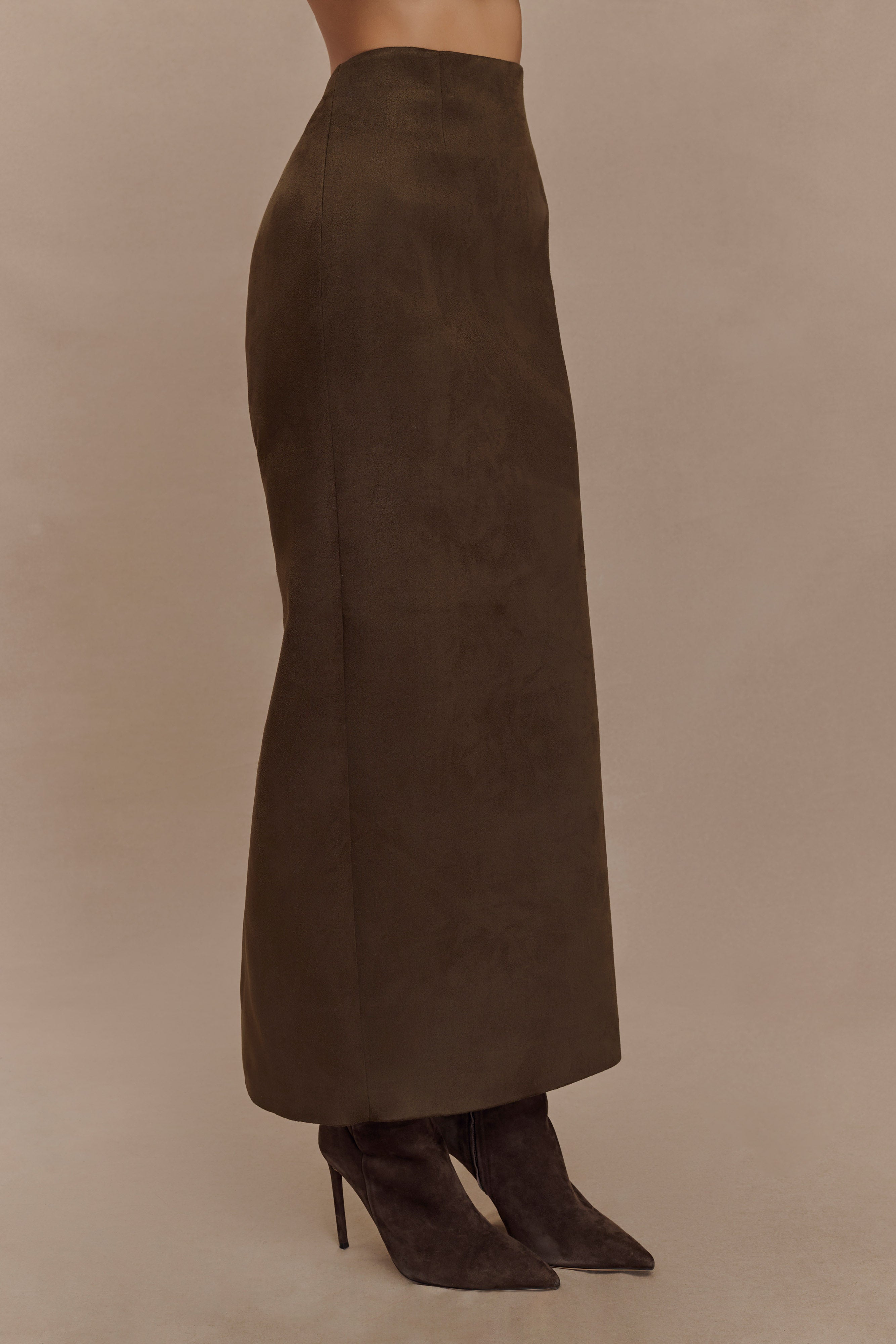 Hayes Faux Suede Midi Skirt - Chocolate