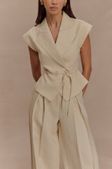 Raya Mid Rise Wide Leg Linen Pant - Natural Beige