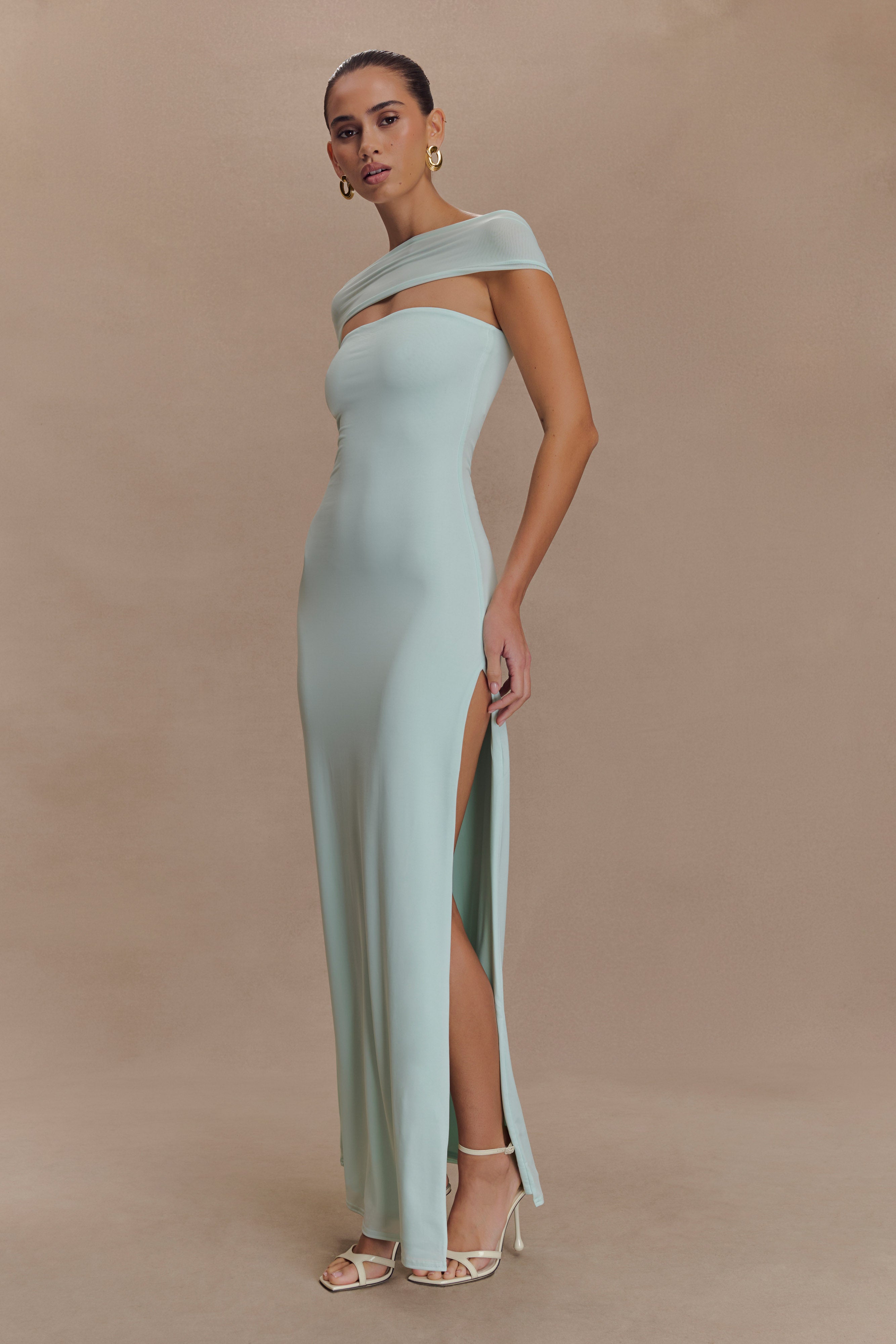 Aurora Slinky And Mesh Split Maxi Dress - Lagoon