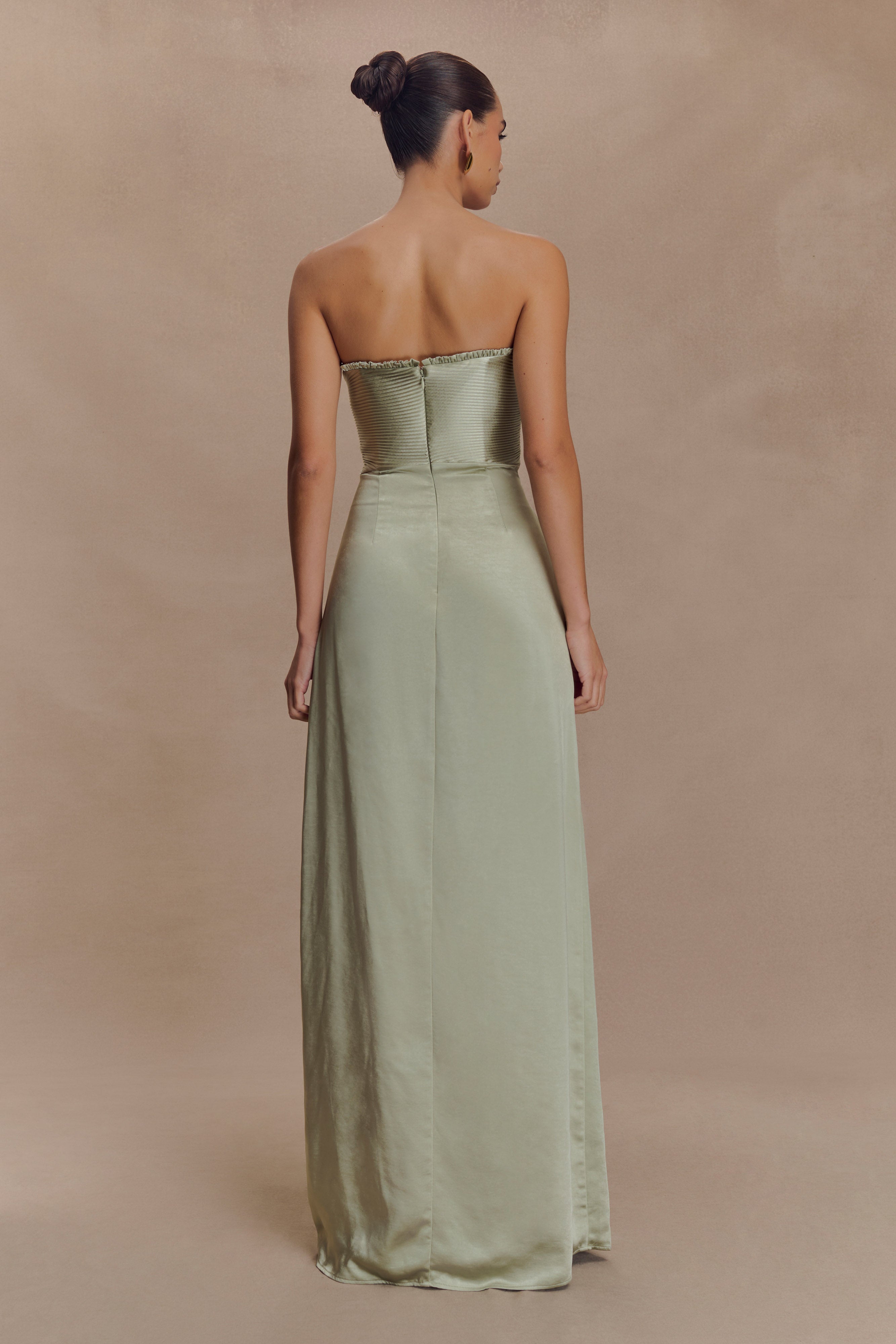 Larissa Satin Maxi Dress With Ruched Petals - Sage