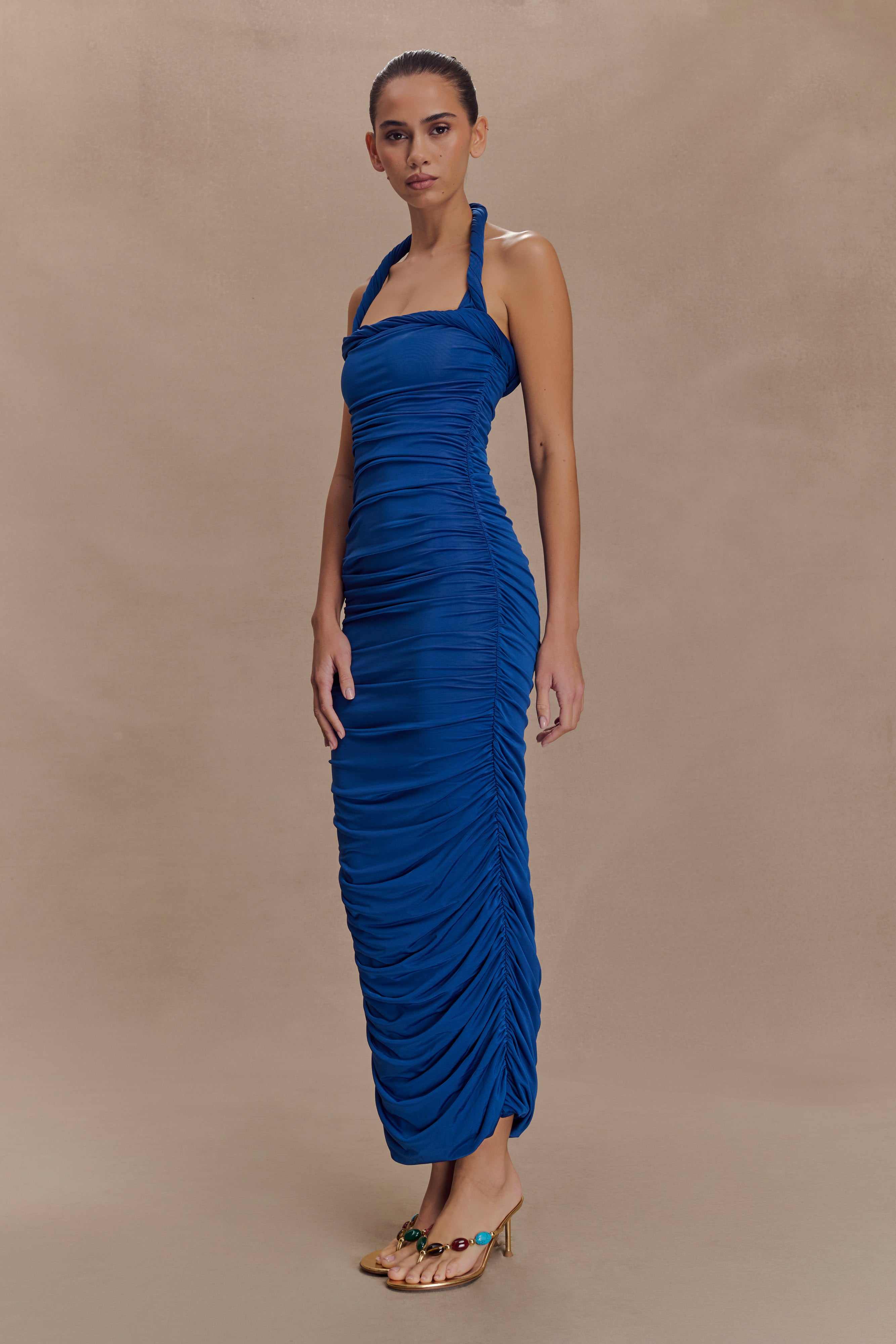 Camila Ruched Halter Midi Dress - Cobalt