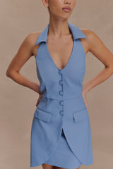 Ruth Cotton Halter Mini Dress - Ocean Blue