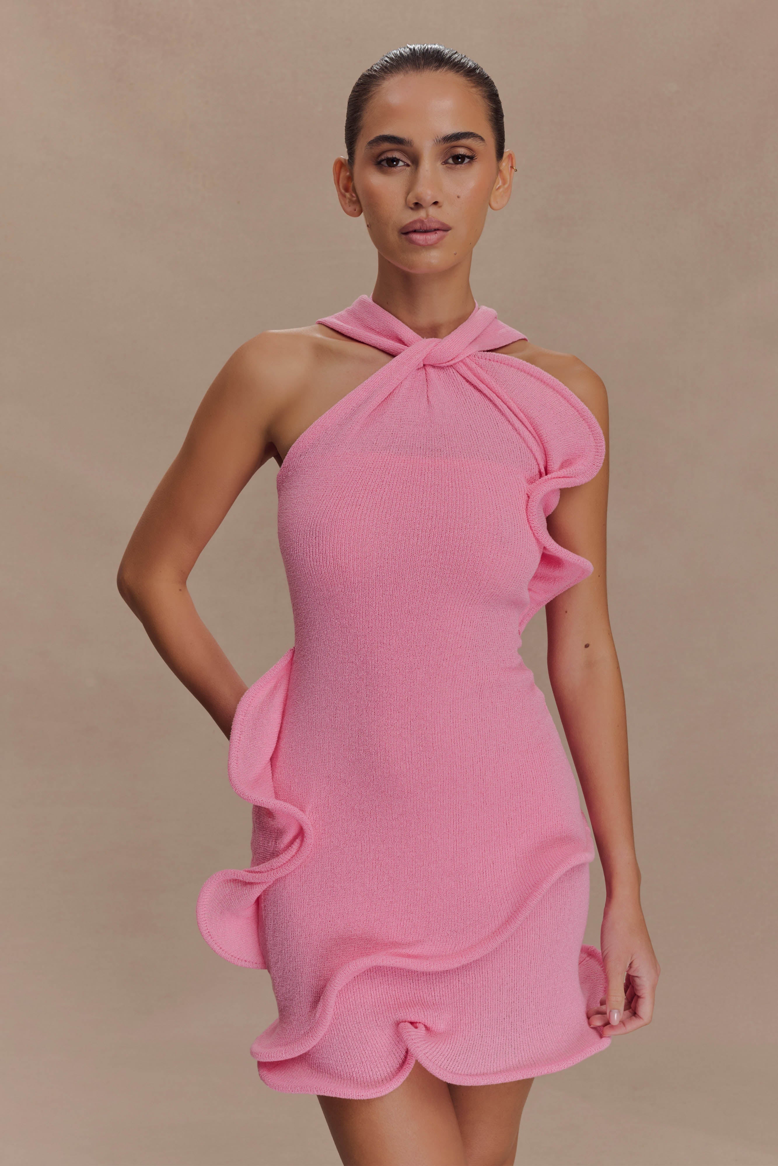 Caprice Halter Knit Mini Dress - Bubblegum Pink