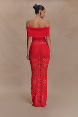 Solstice Off Shoulder Crochet Knit Maxi Dress - Blood Orange