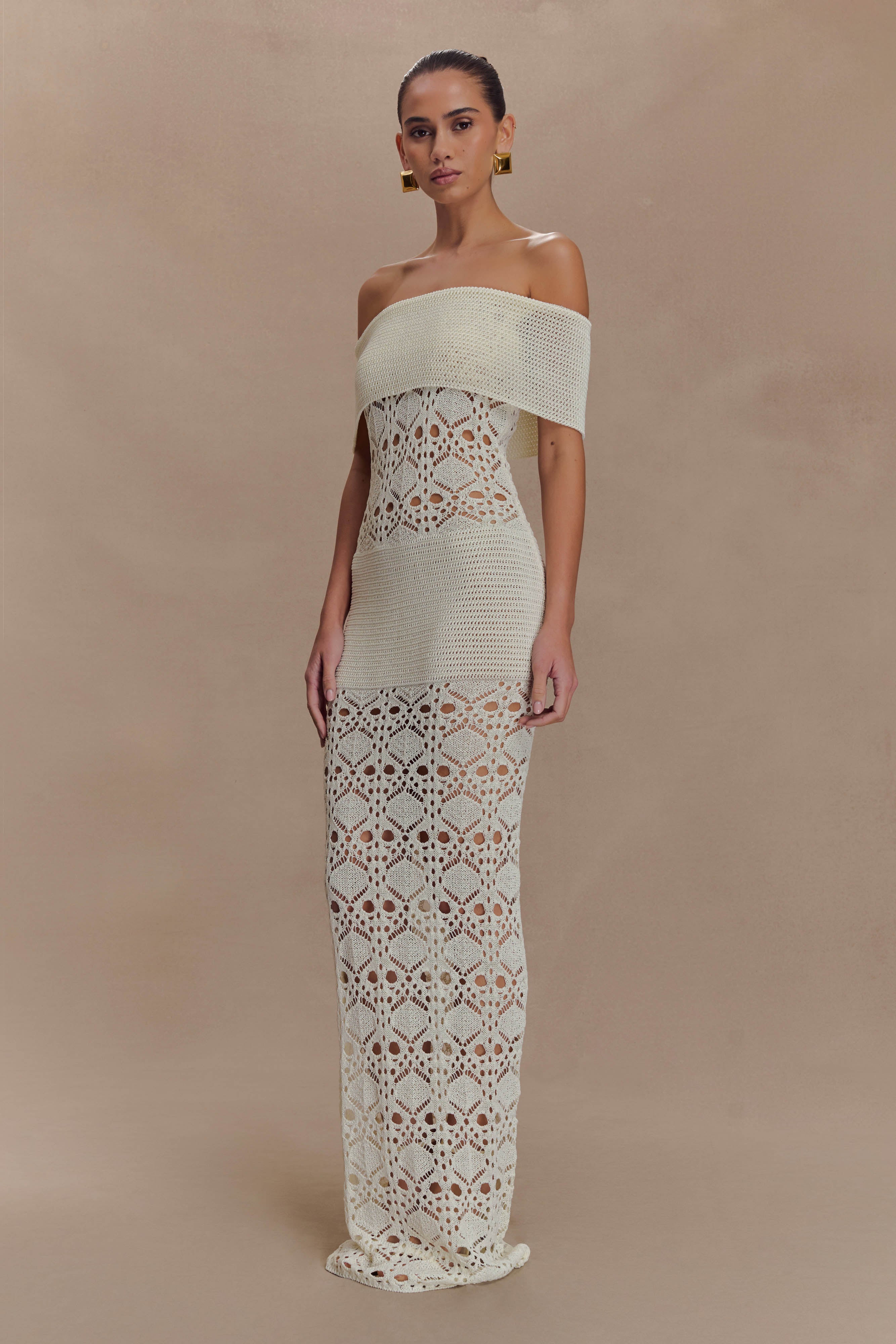 Solstice Off Shoulder Crochet Knit Maxi Dress - Ivory