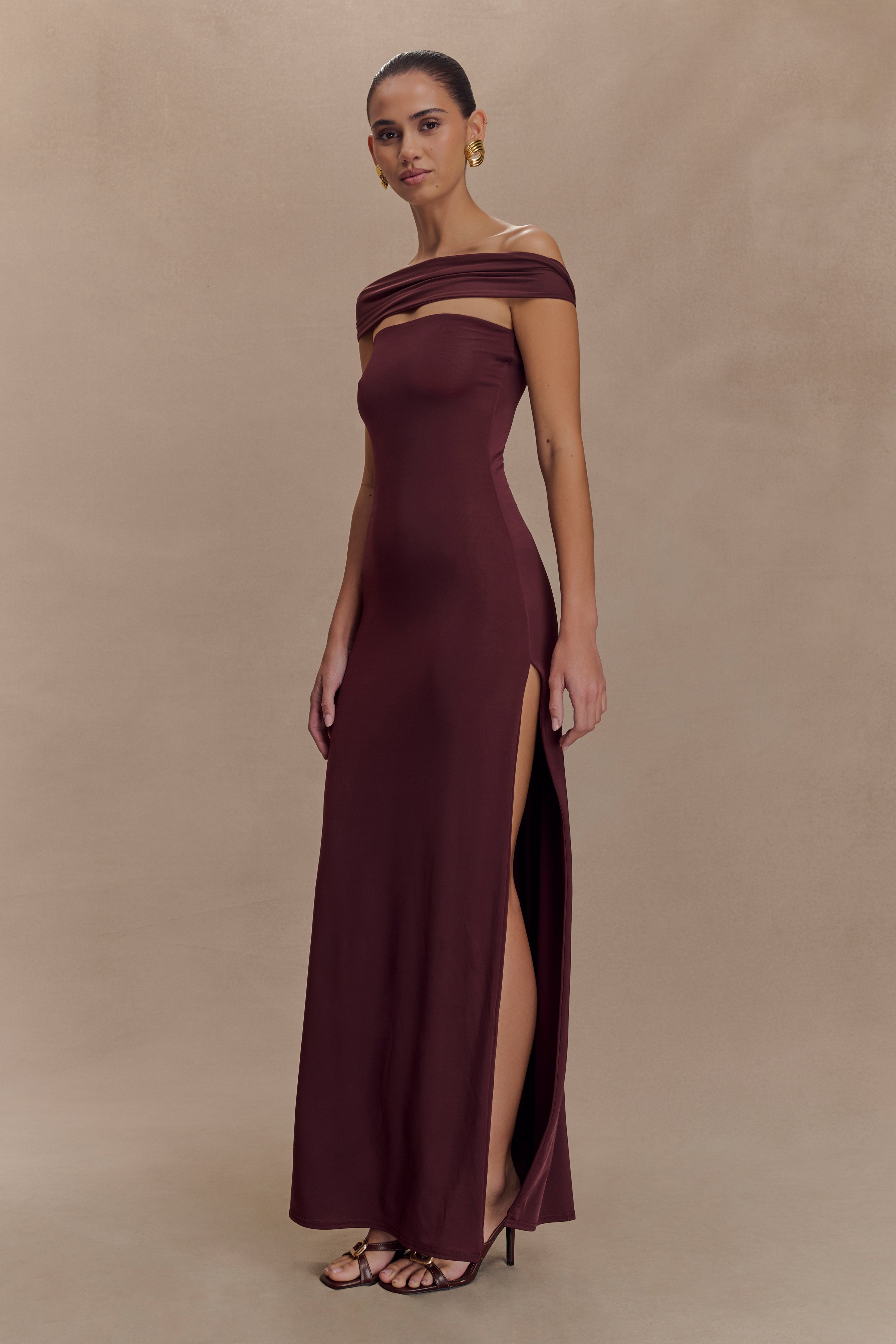 Aurora Slinky And Mesh Split Maxi Dress - Mahogany