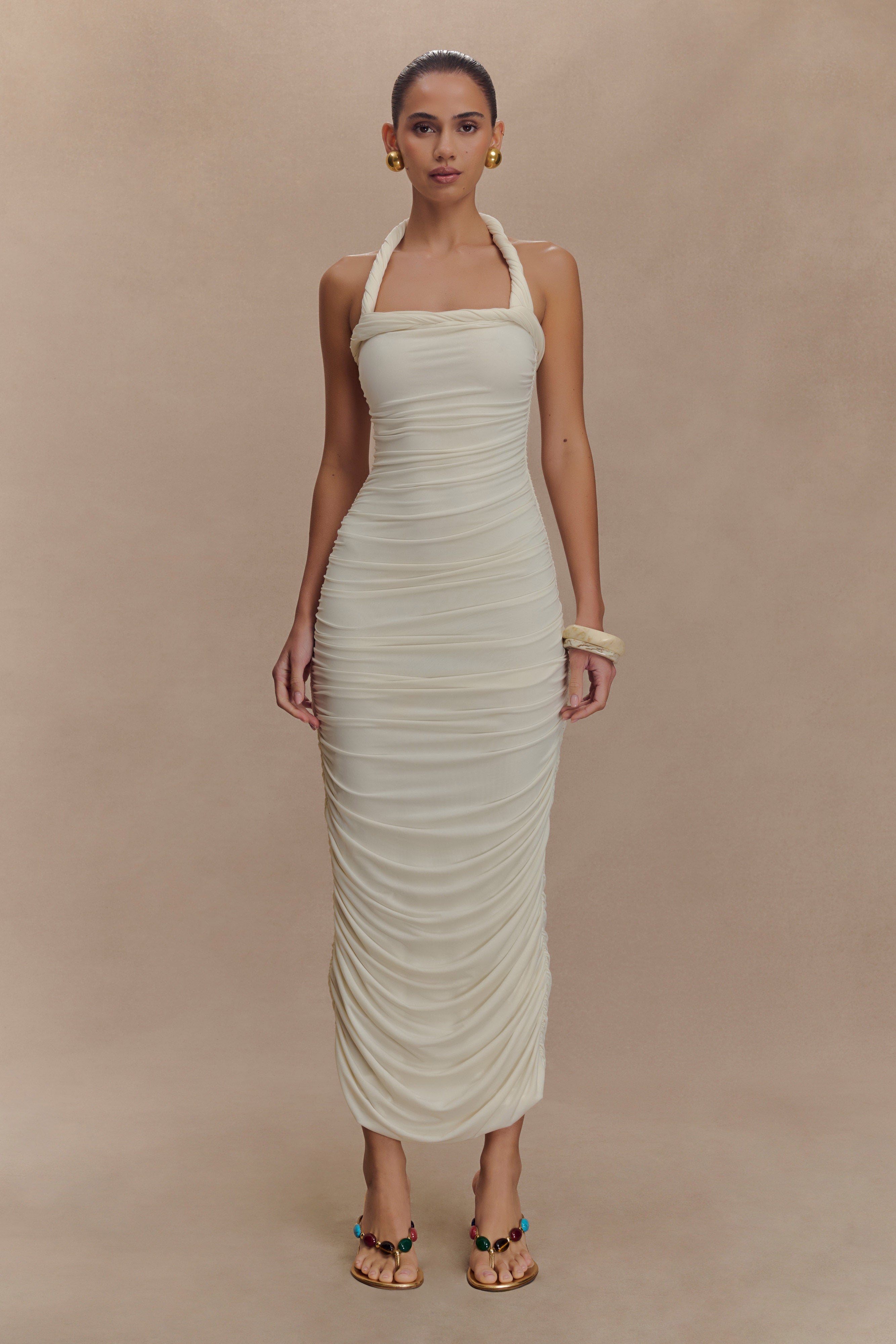 Camila Ruched Halter Midi Dress - Ivory