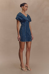 Pascale Off Shoulder Denim Mini Dress - Washed Dark Blue