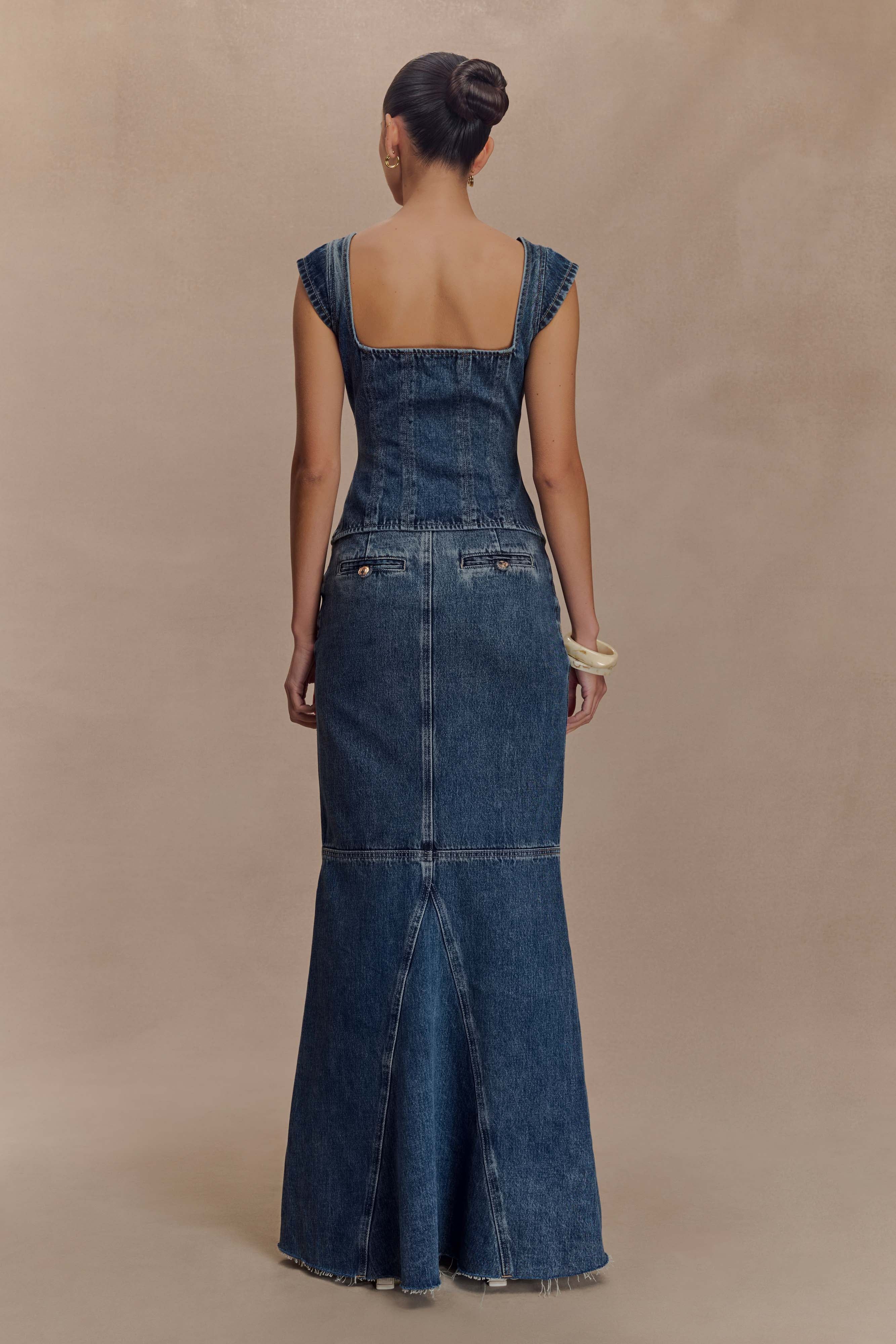 Loretta Denim Maxi Skirt - Washed Dark Blue