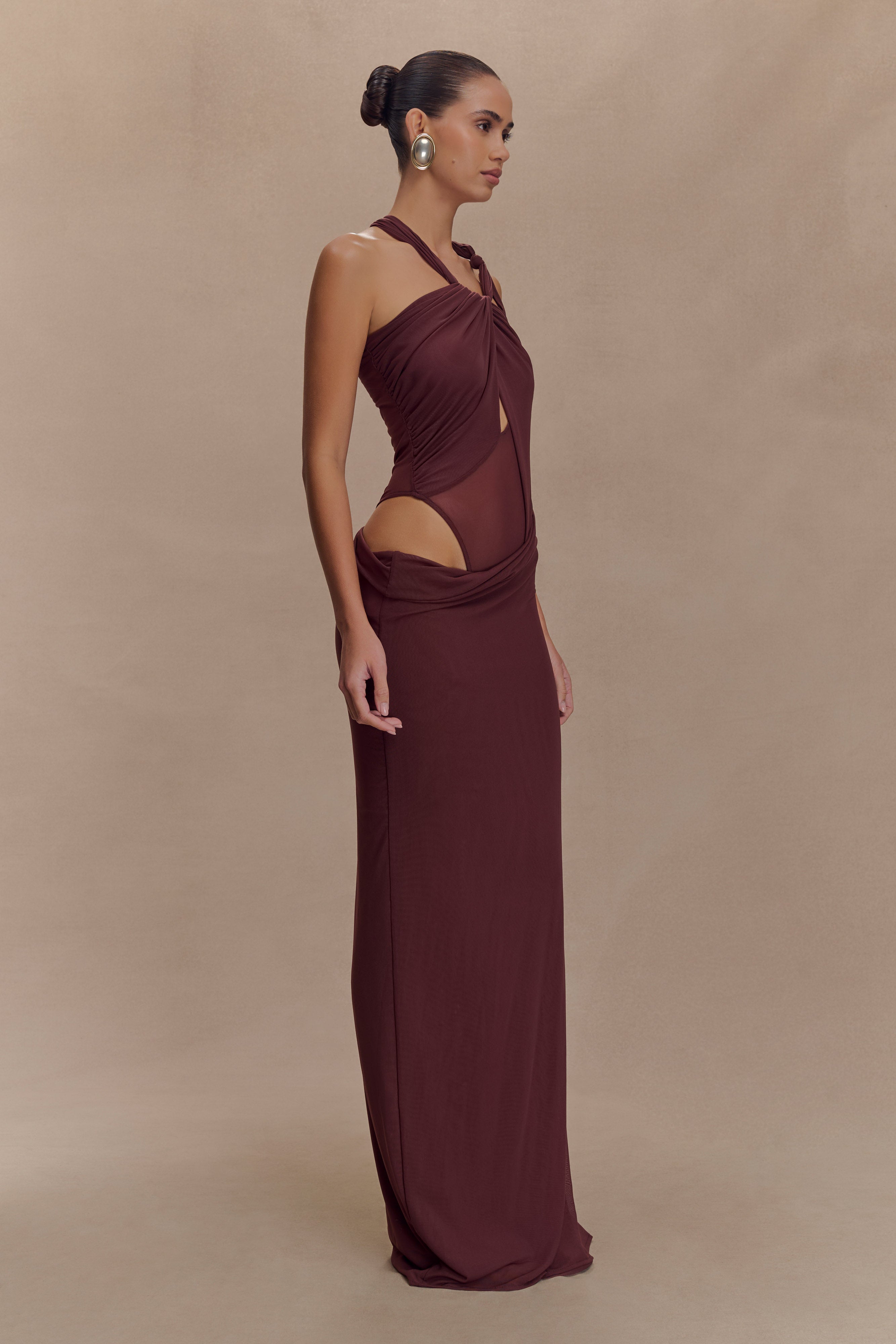 Edwina Knotted Mesh Maxi Dress - Mahogany