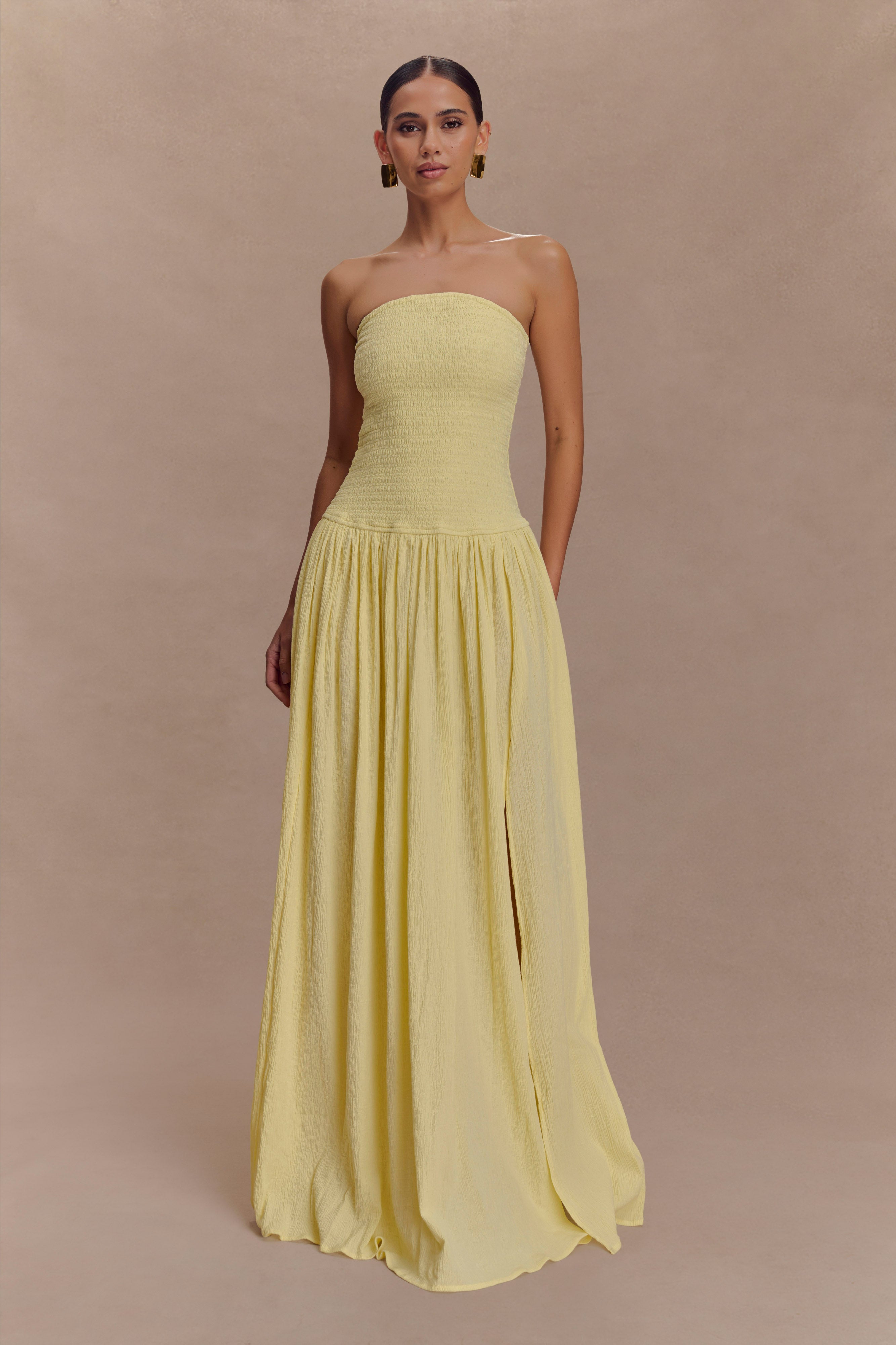 Maureen Cotton Shirring Maxi Dress - Lemon