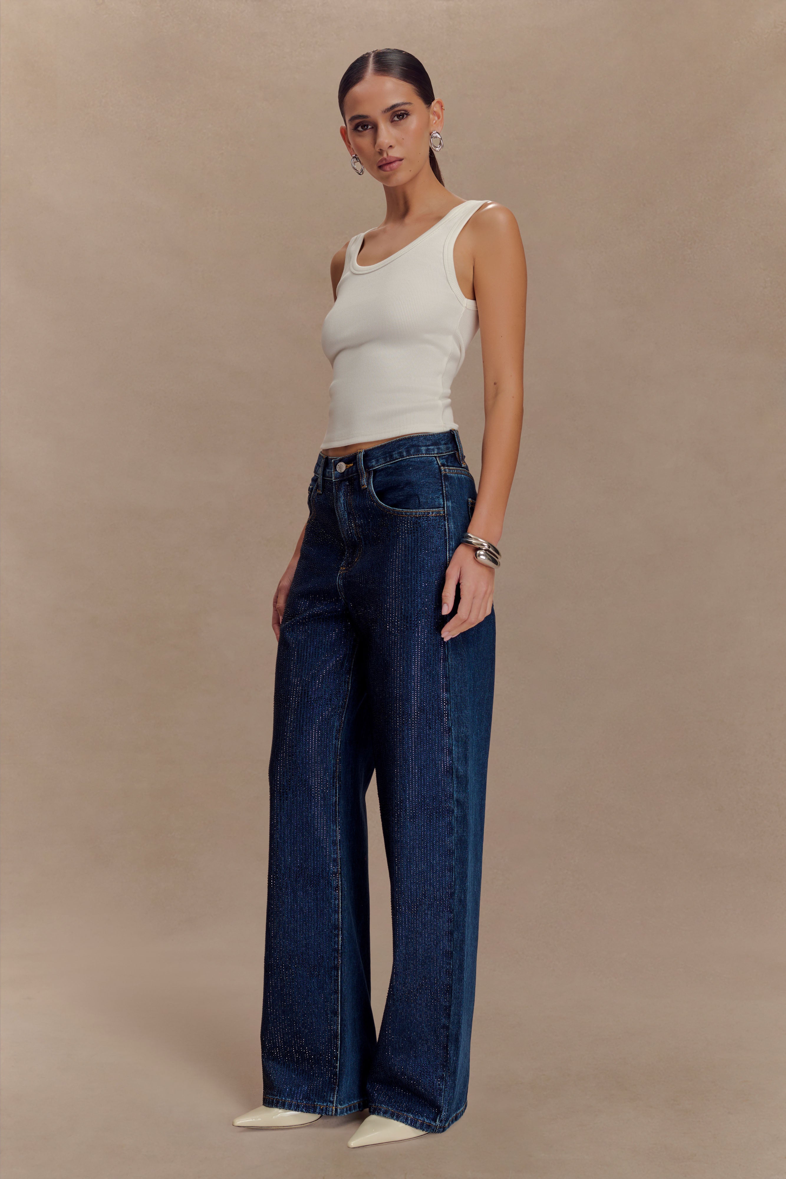 Laina Mid Rise Diamante Denim Jeans - Midnight Blue