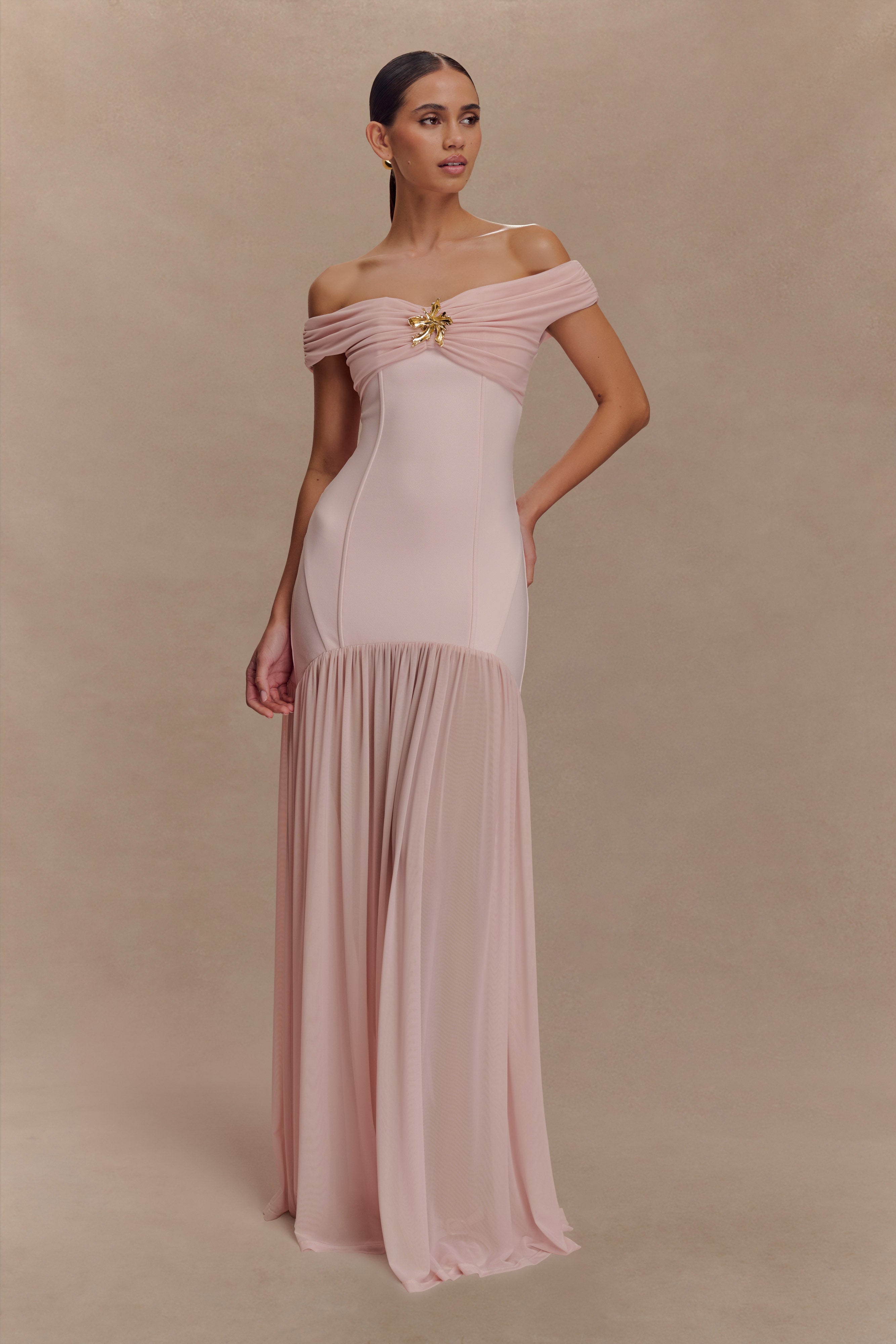 Kellie Off Shoulder Crepe Maxi Dress - Blush Pink