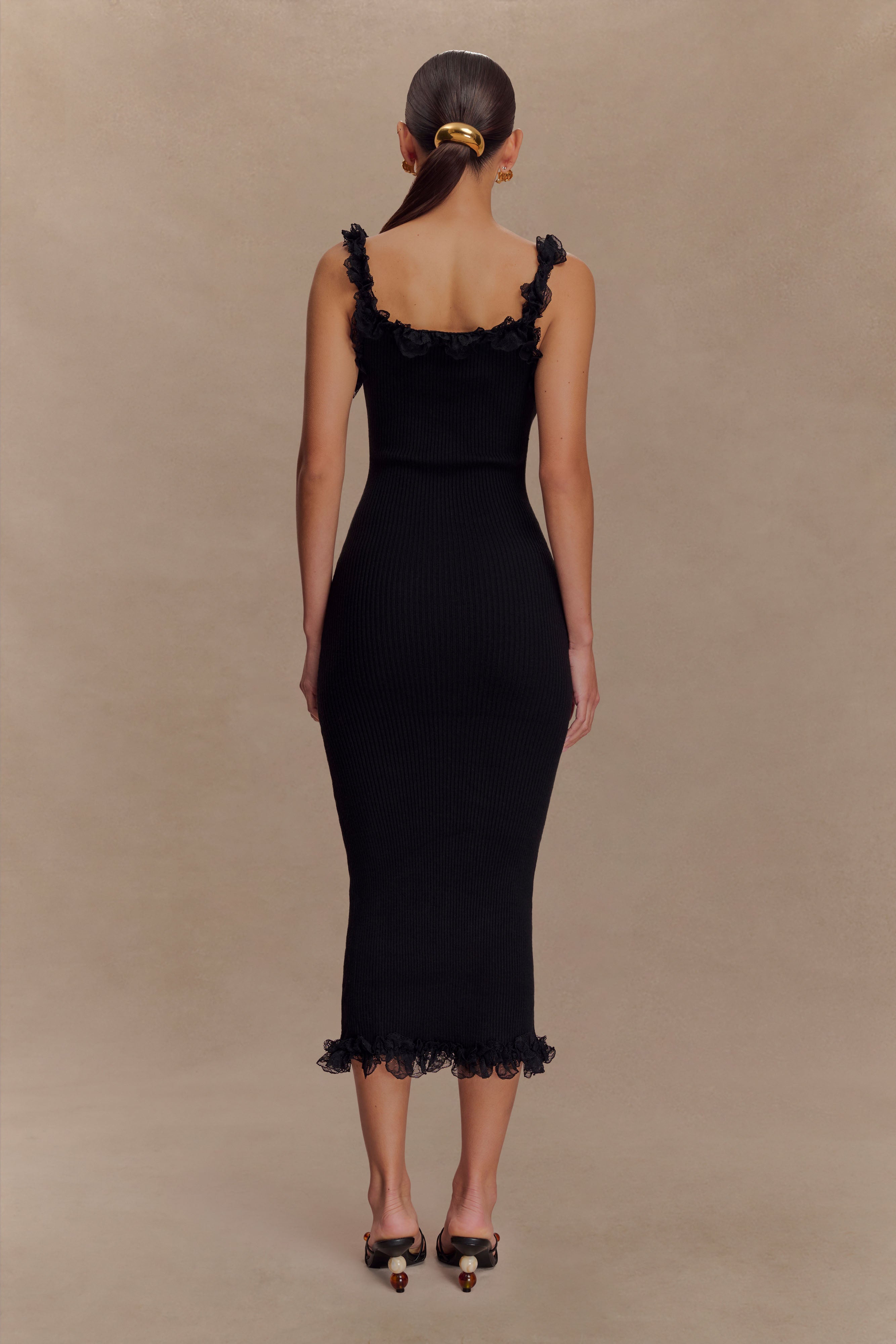 Shay Lace Ruffle Knit Midi Dress - Black