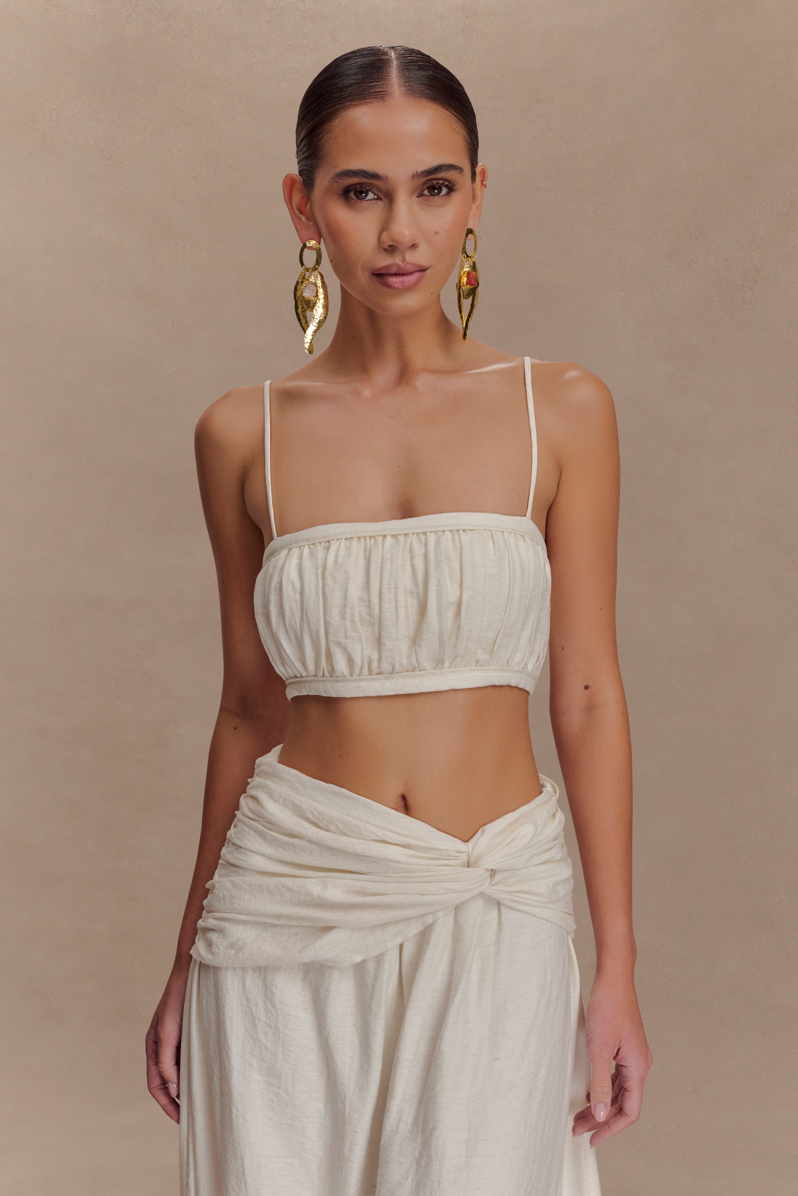 Scottie Shirred Linen Bandeau - Oat Marle