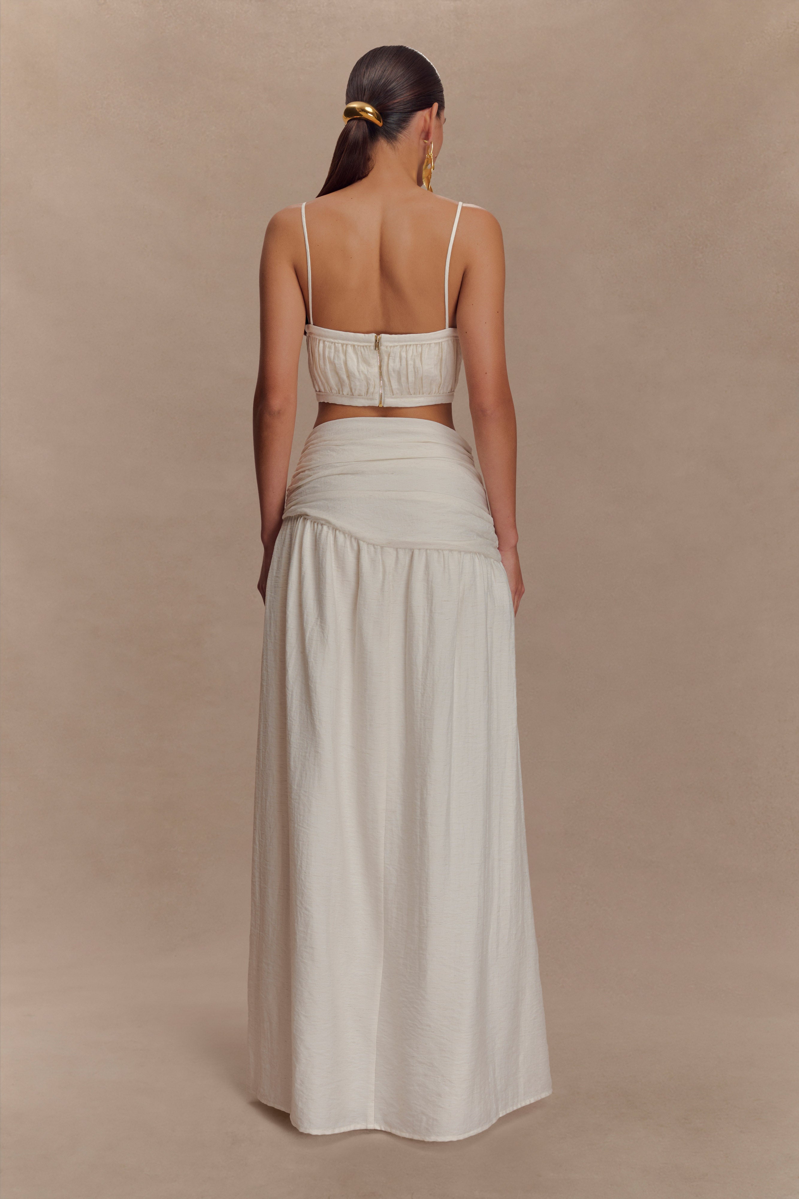 Scottie Gathered Linen Knot Maxi Skirt - Oat Marle