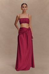 Scottie Gathered Linen Knot Maxi Skirt - Wine