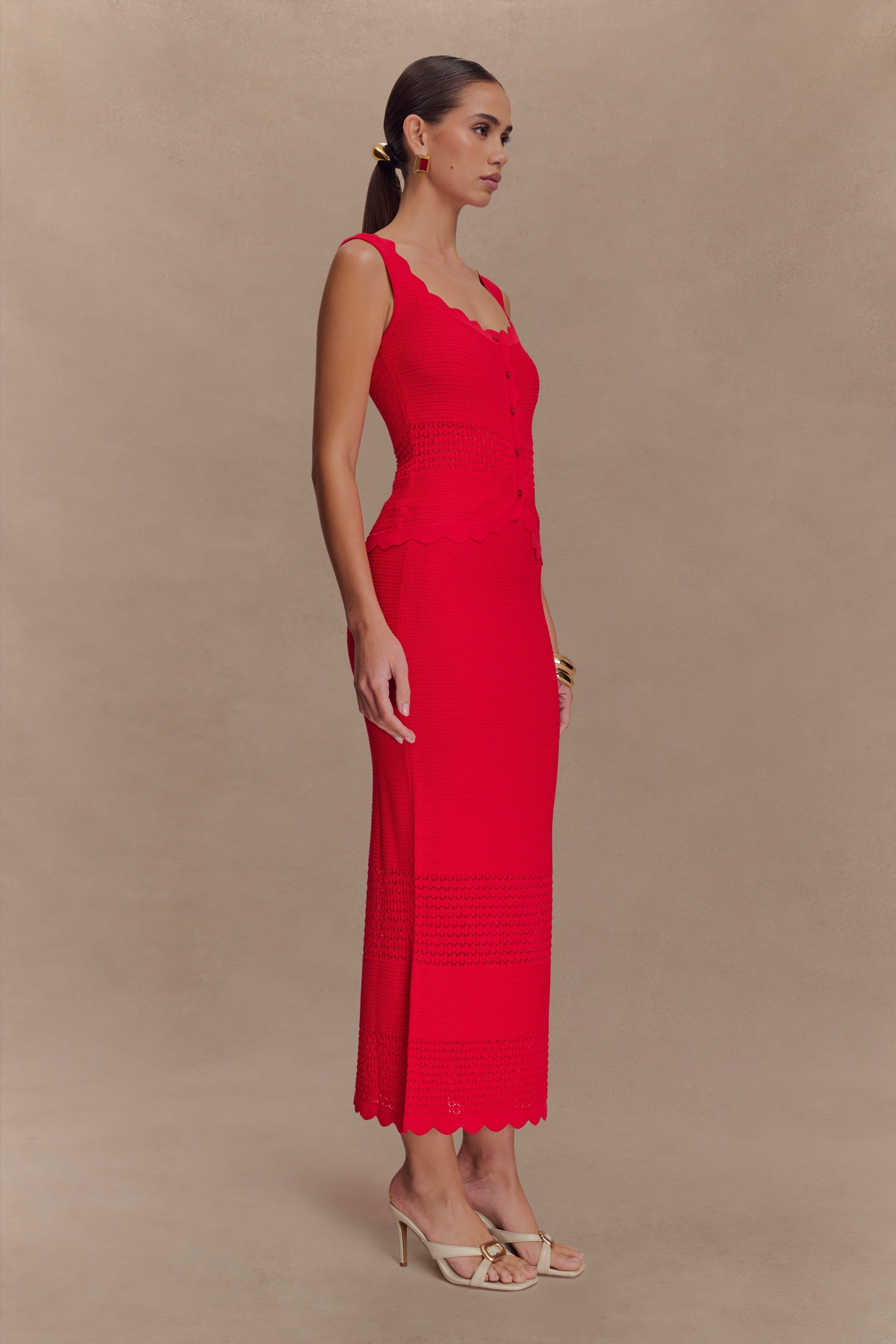 Madeline Scallop Knit Midi Skirt - Red