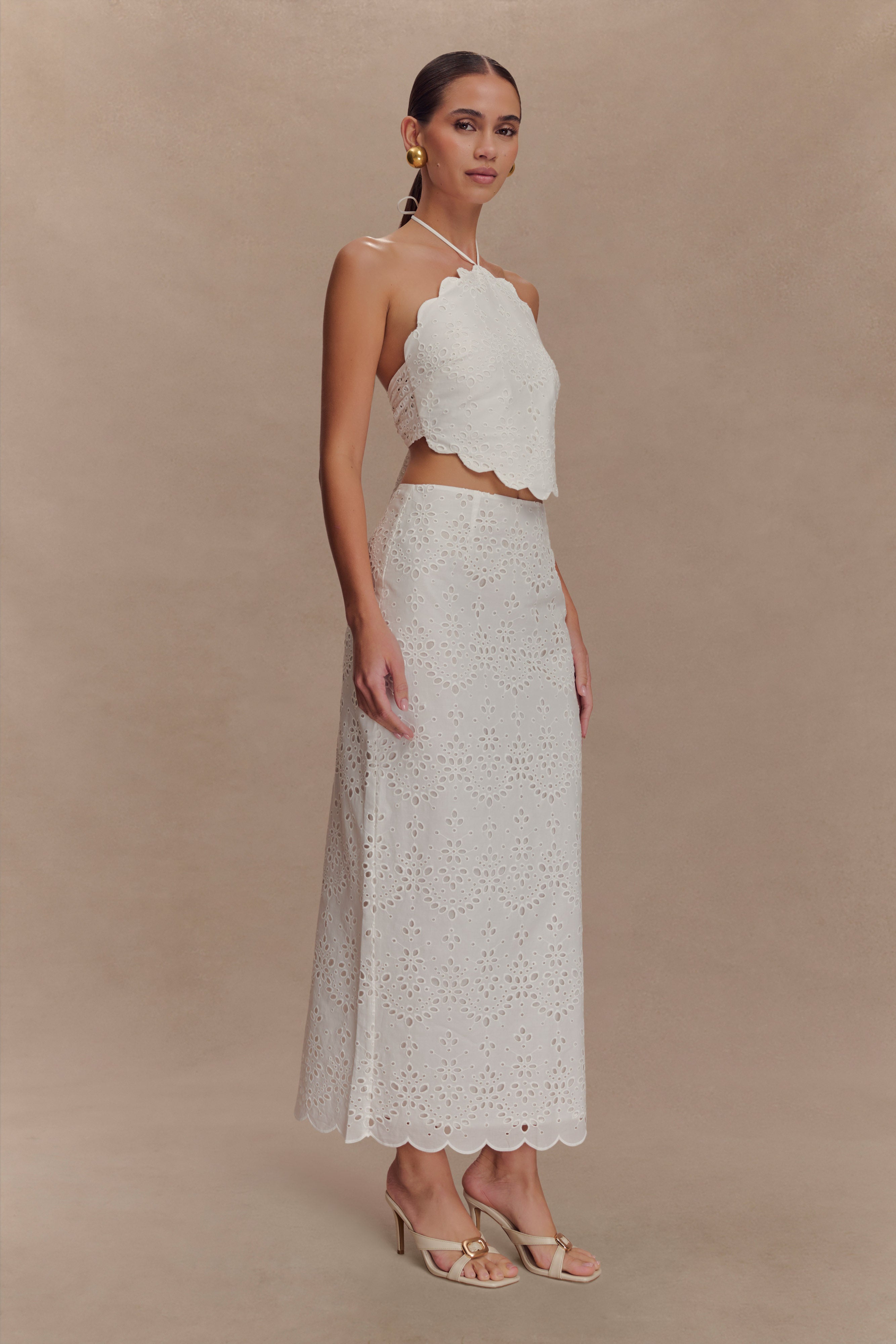 Kensley Broderie Halter Top - White