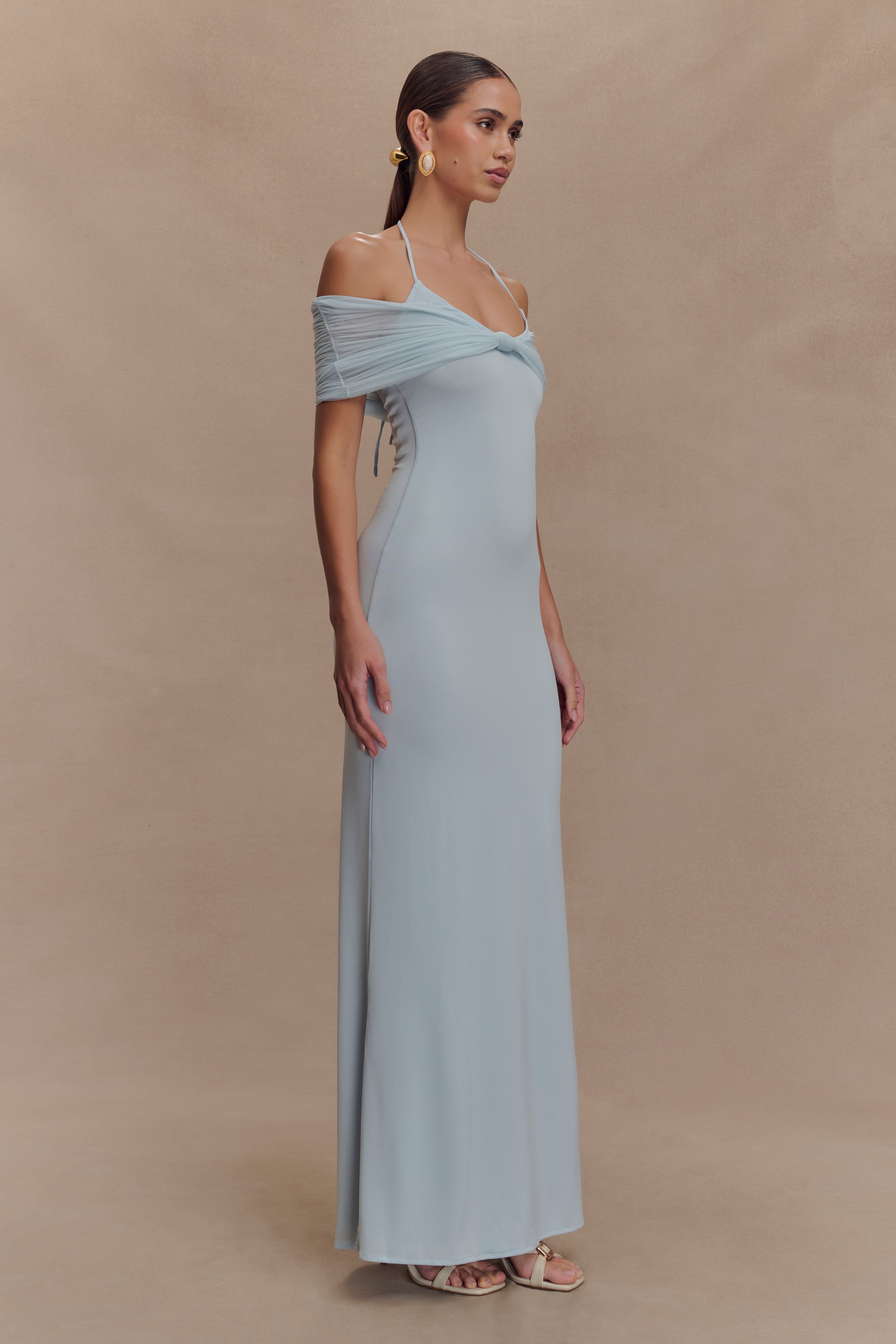 Bernadina Mesh And Slinky Halter Maxi Dress - Pale Blue