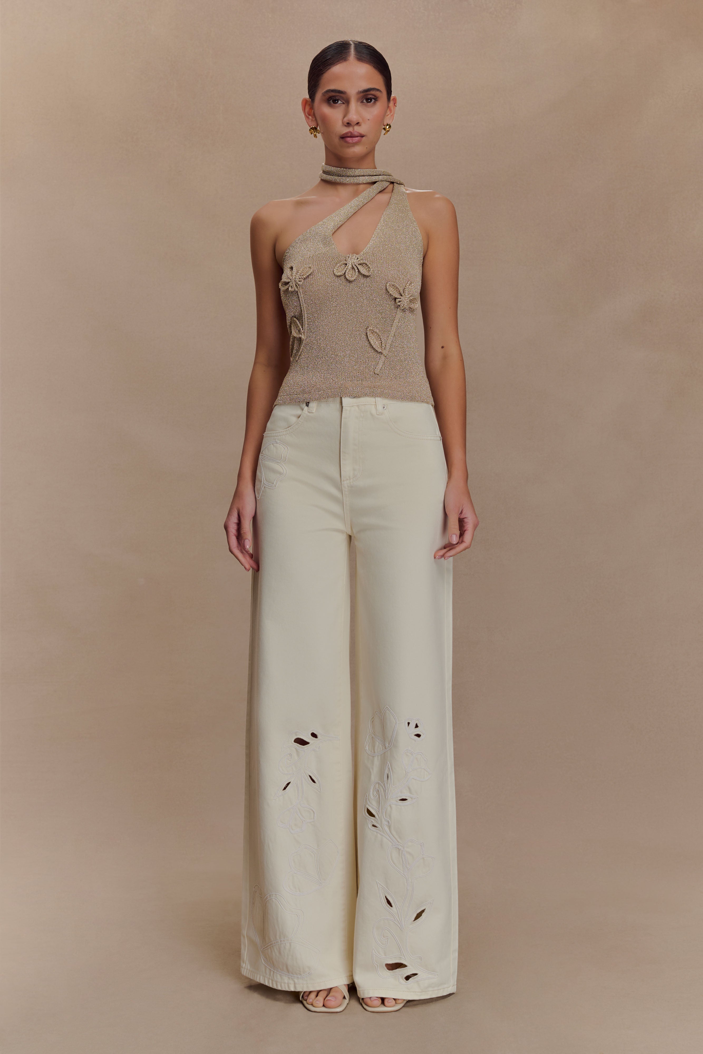 Leone One Shoulder Metallic Knit Top - Gold