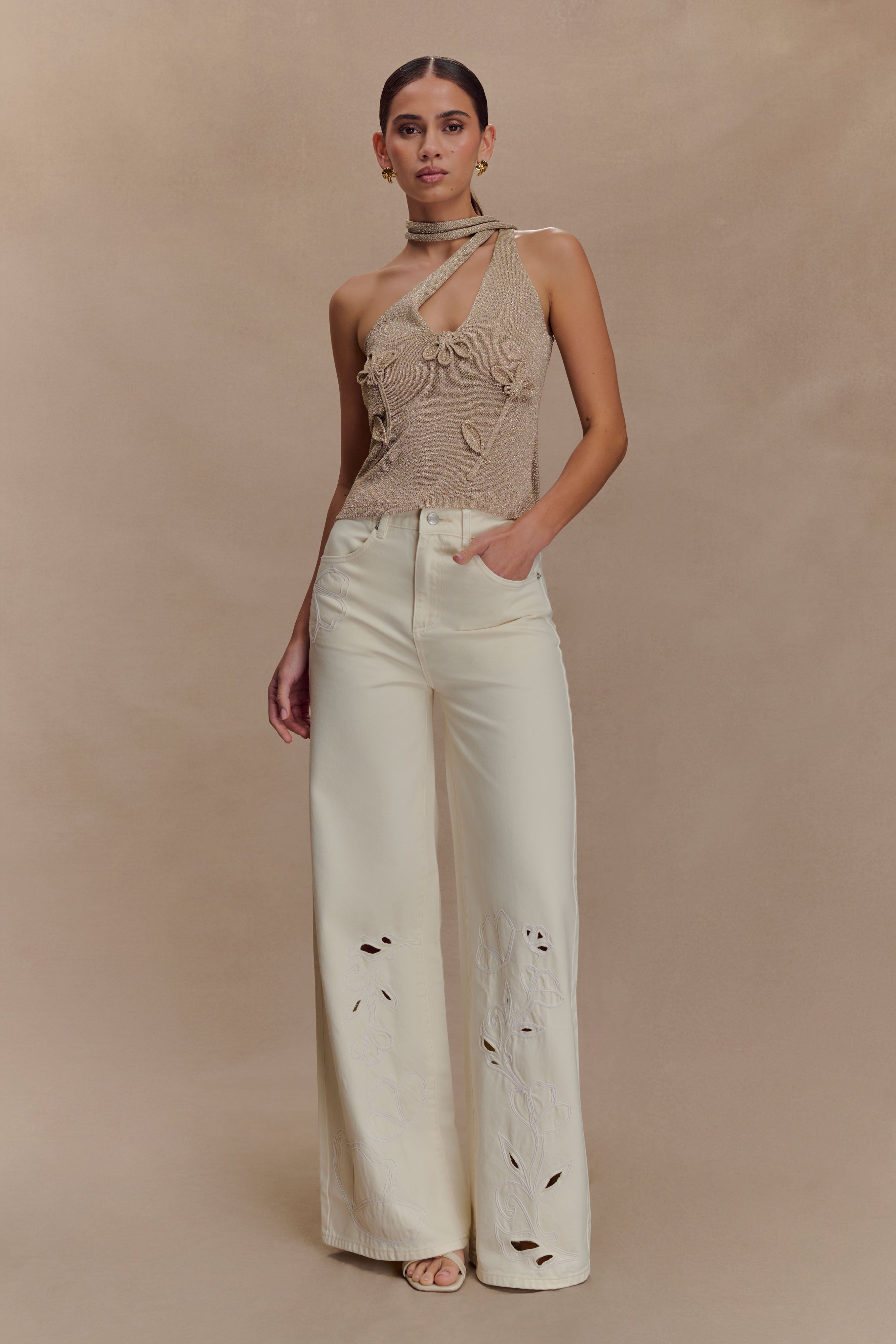 Leone One Shoulder Metallic Knit Top - Gold