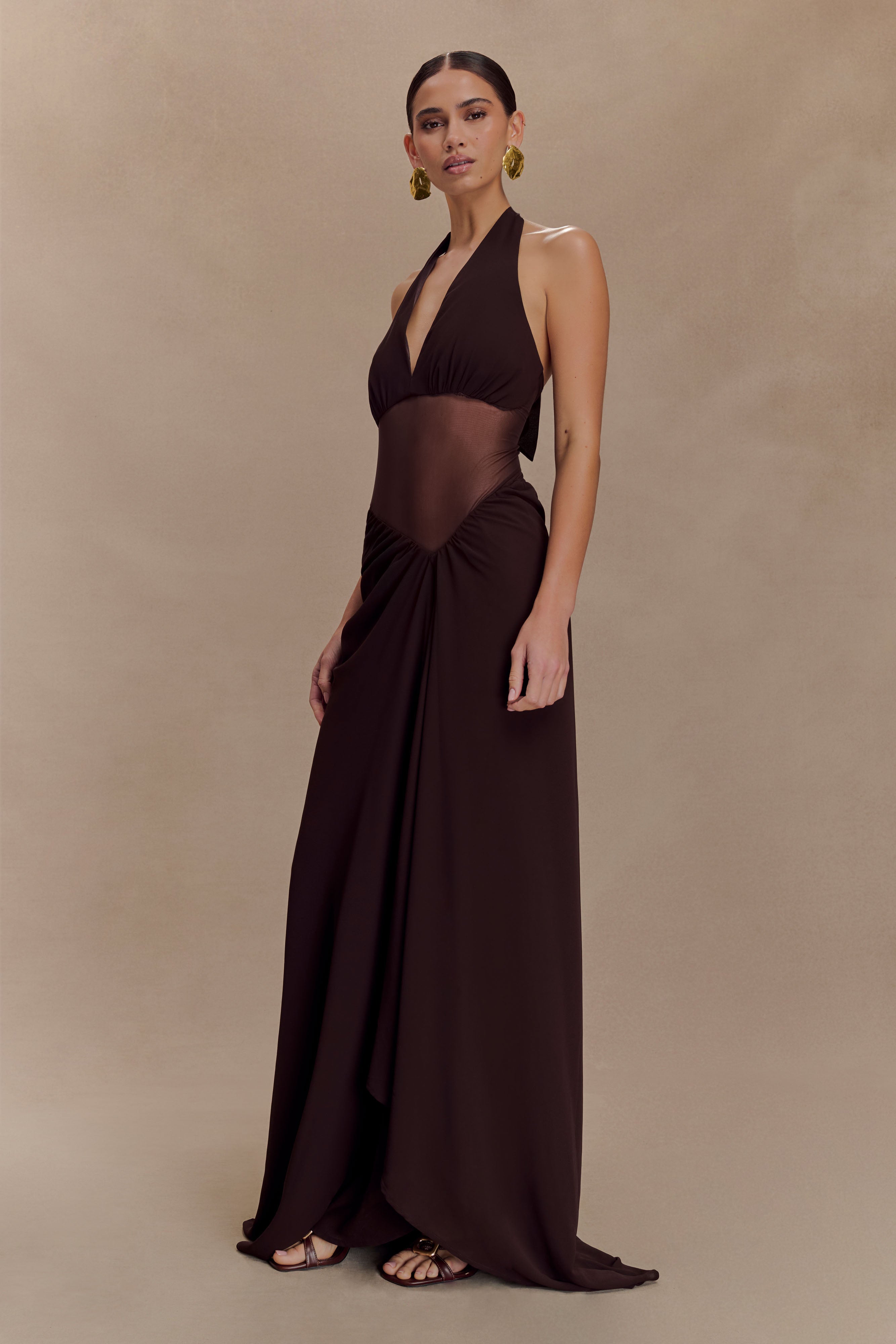 Jonna Chiffon And Mesh Maxi Dress - Dark Chocolate