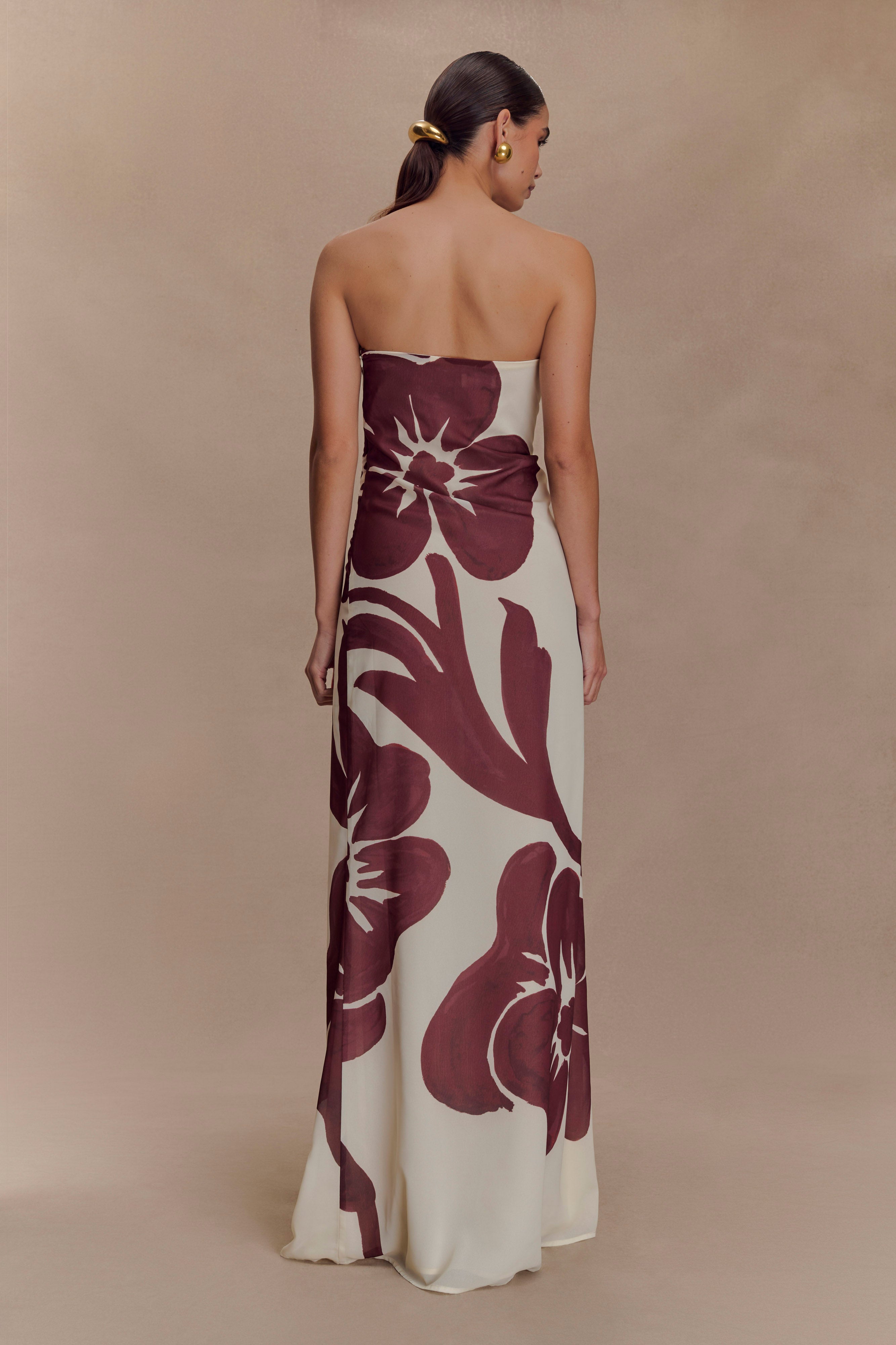 Amaya Strapless Chiffon Maxi Dress - Brown Deco Fleur Print
