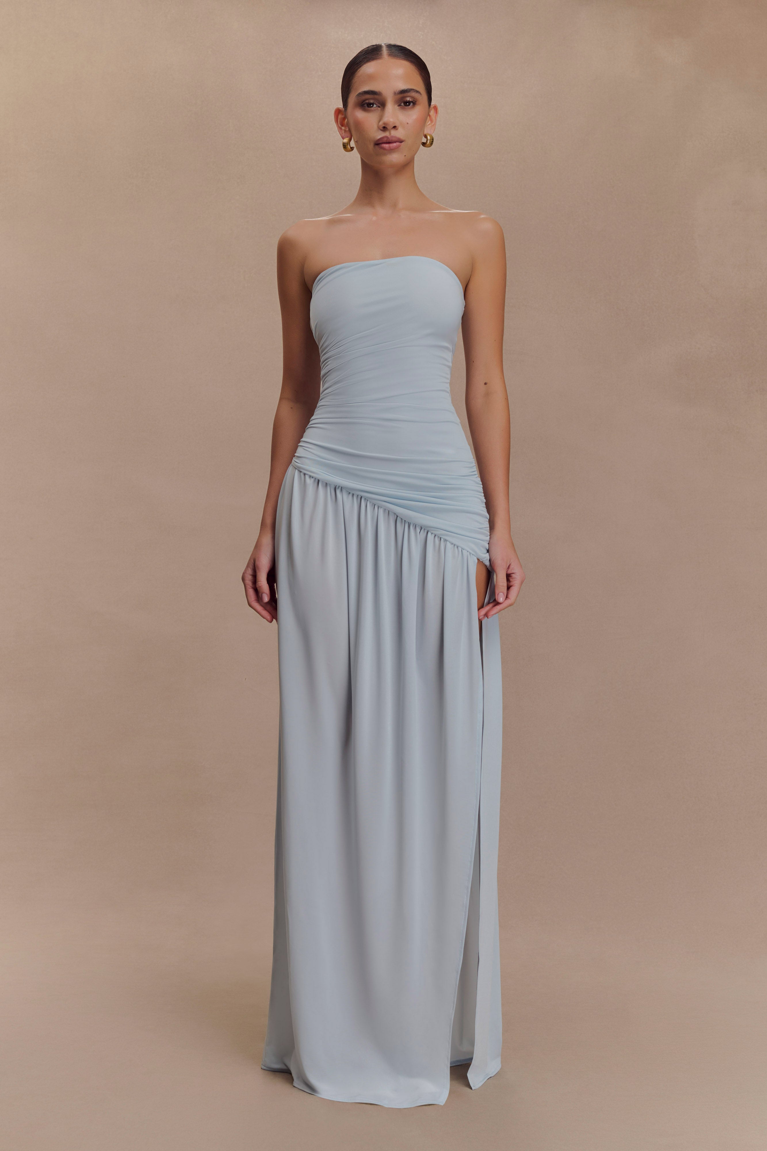 Bex Strapless Slinky Maxi Dress With Split - Pale Blue