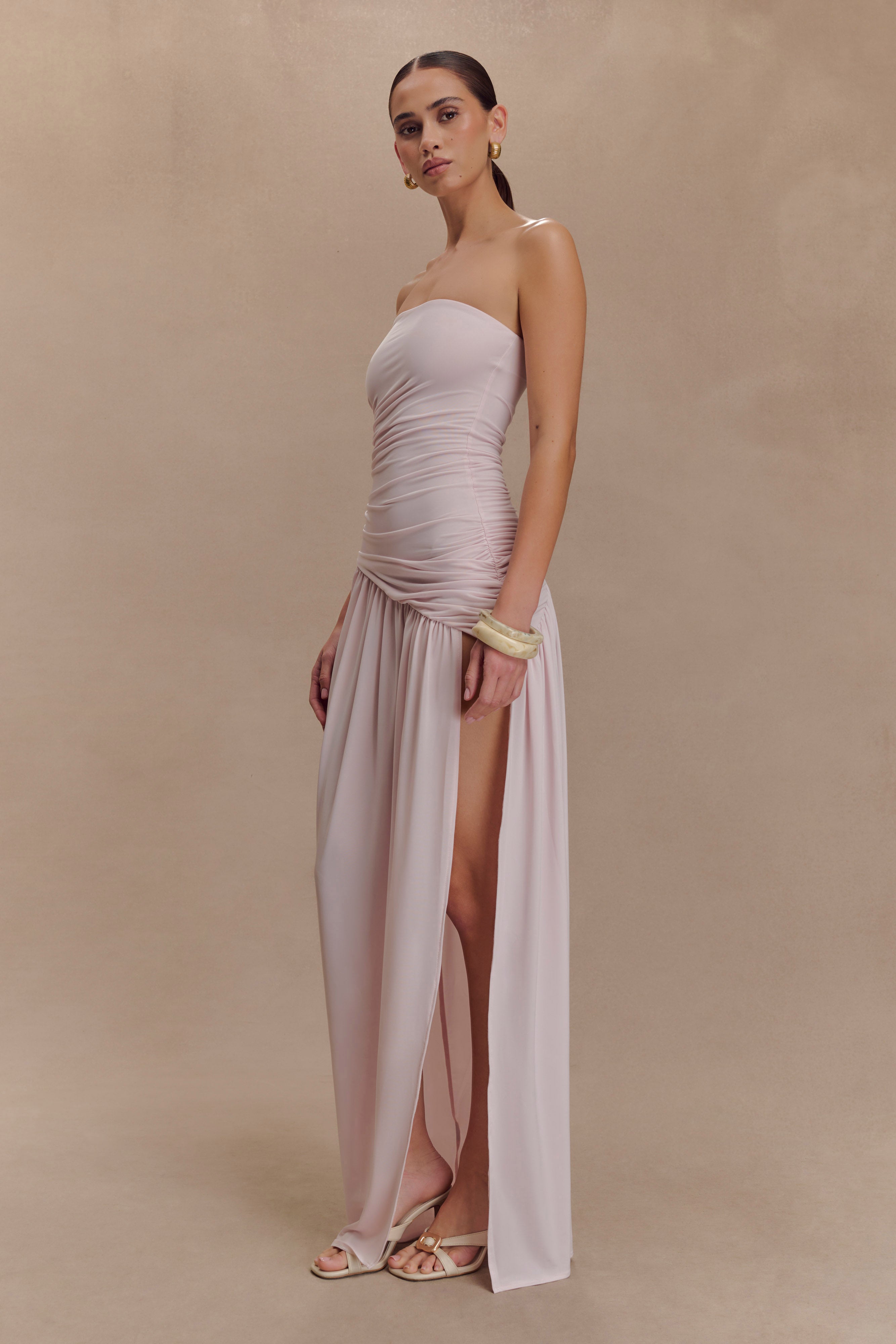 Bex Strapless Slinky Maxi Dress With Split - Pale Pink