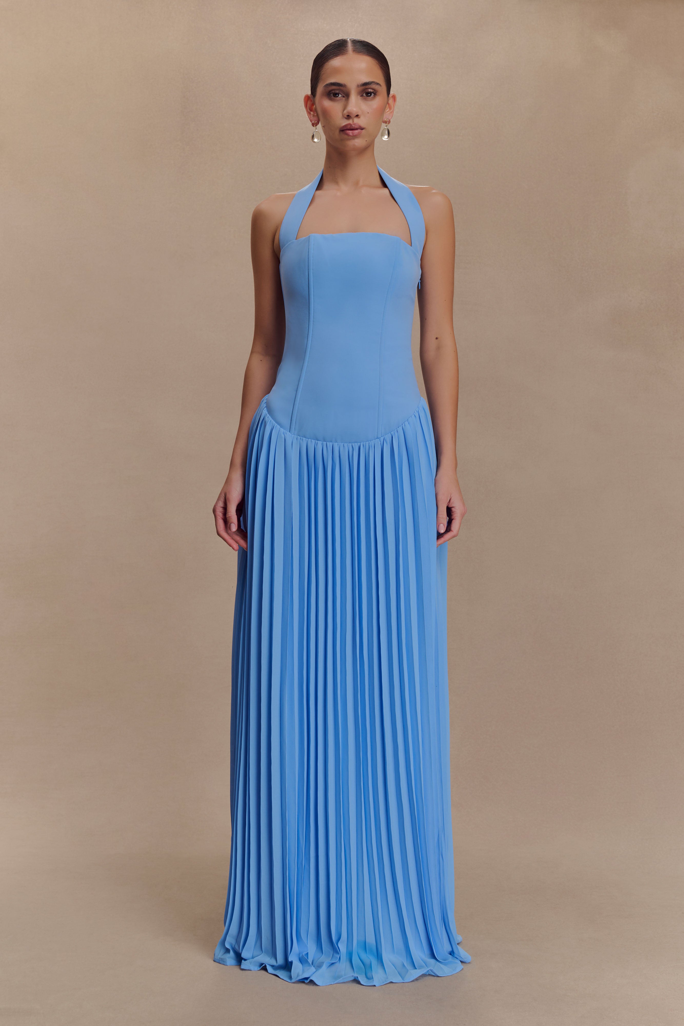 Stacie Pleated Halter Maxi Dress - Bright Blue