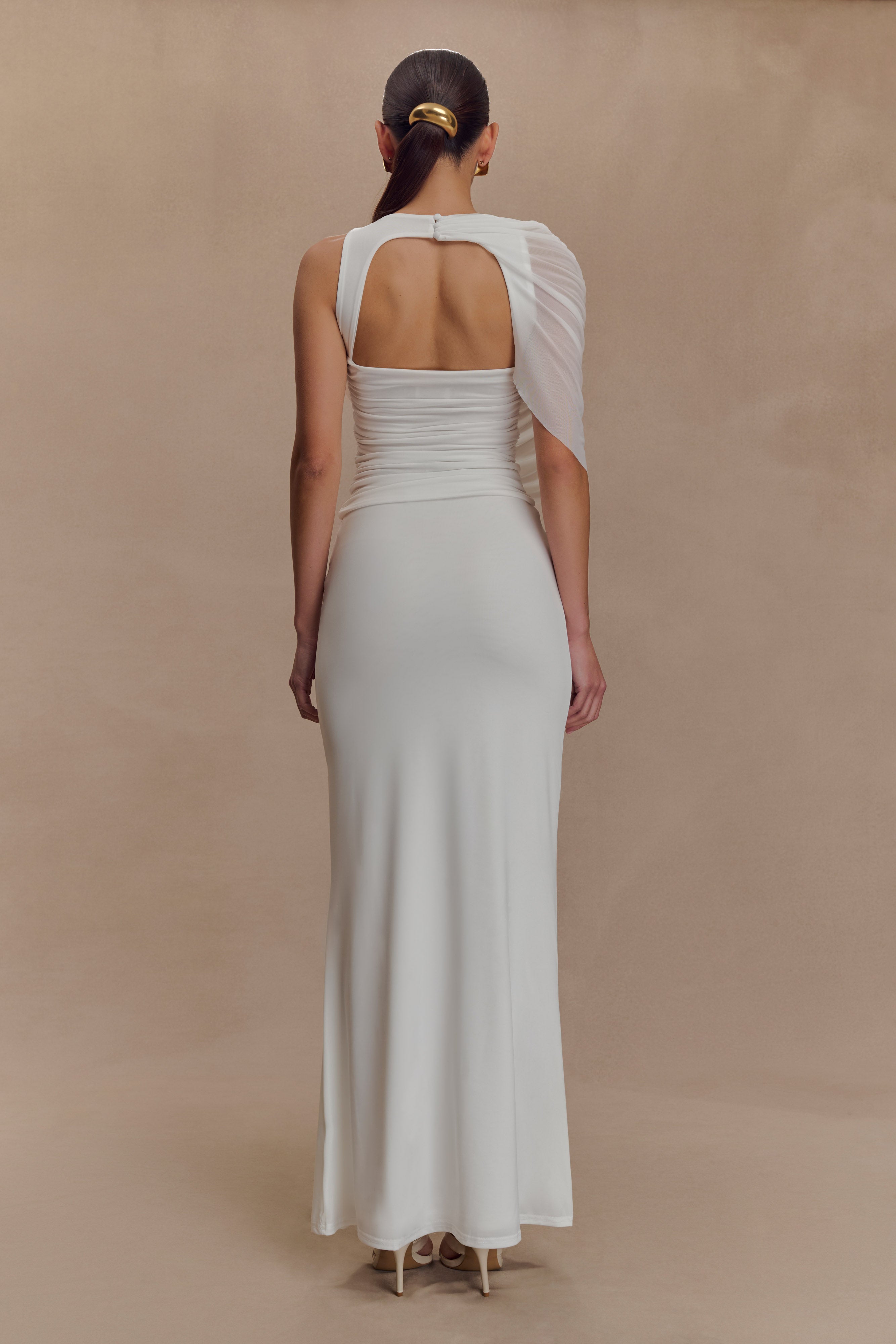 Pruedance Slinky Draped Top With Mesh Overlay - White