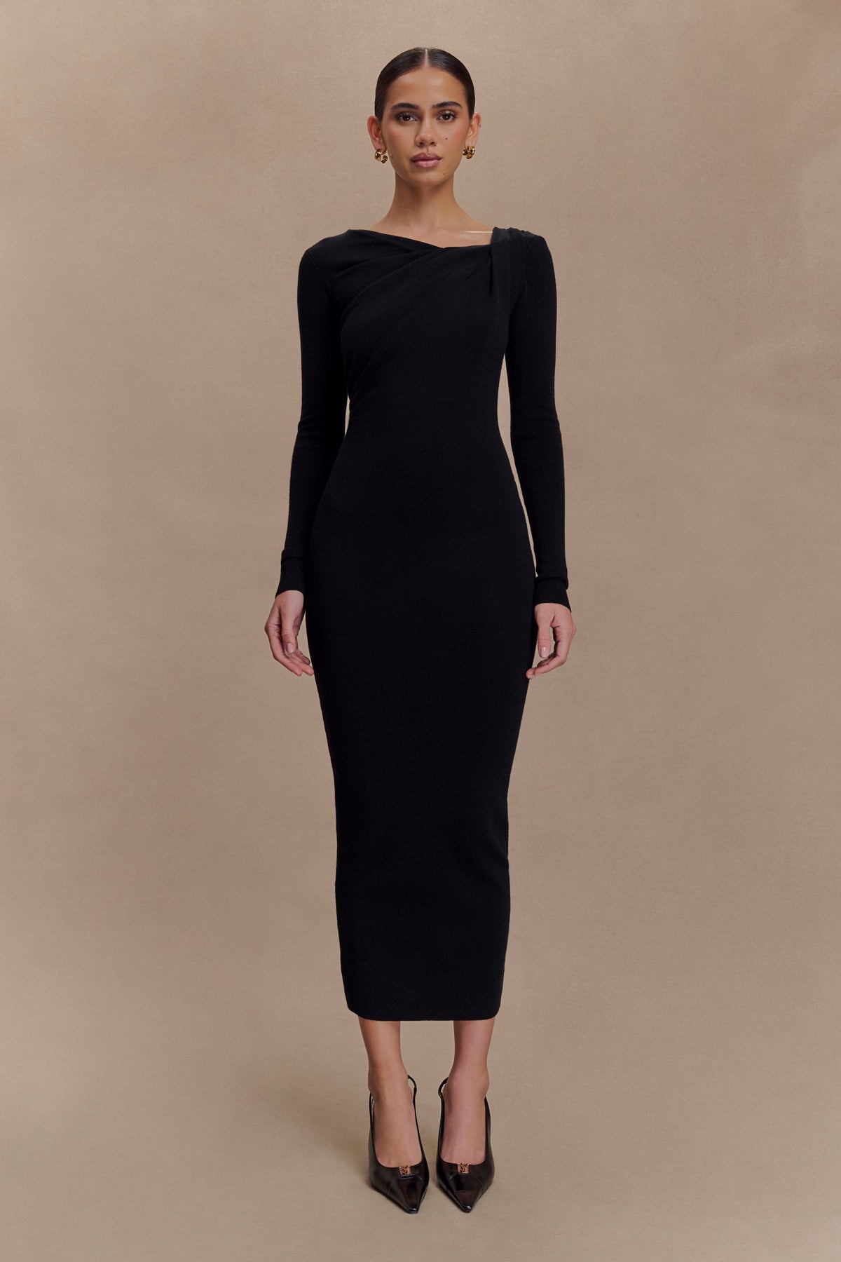 Culver Draped Twist Knit Midi Dress - Black