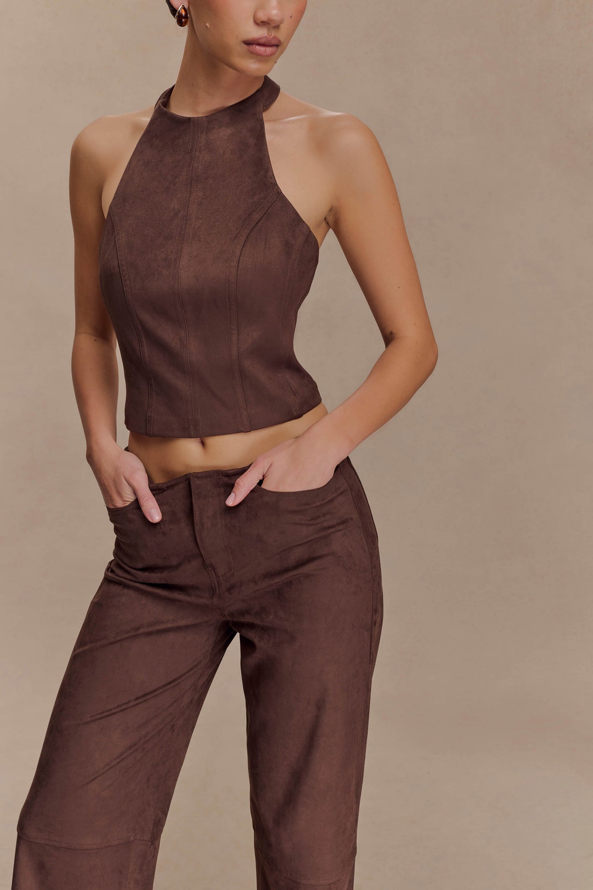 Logan Faux Suede Halter Top - Dark Chocolate