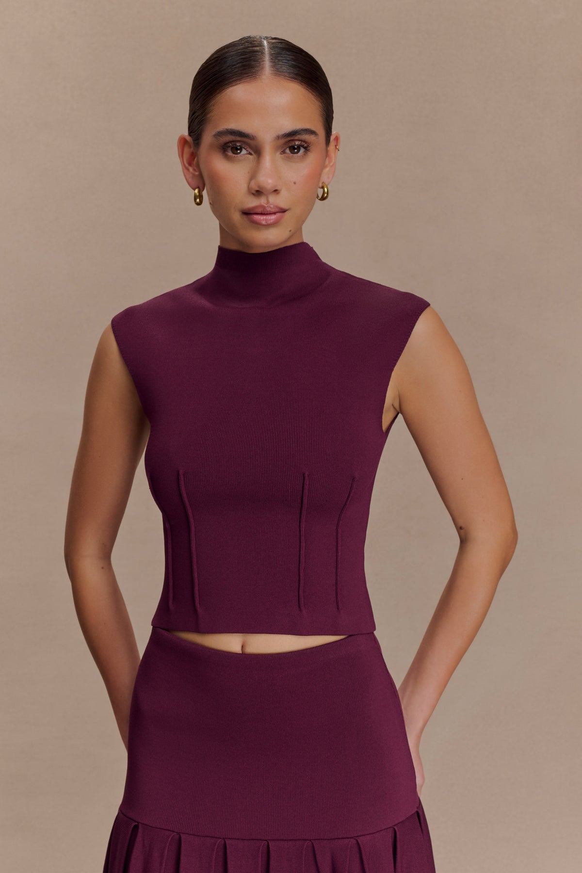 Romaine High Neck Bandage Knit Top - Wine