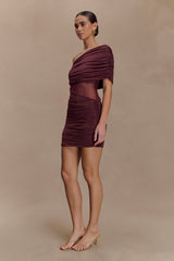 Dallas One Shoulder Mesh Mini Dress  - Mahogany