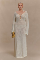Kayleigh Crochet Fishtail Flare Sleeve Maxi Dress - White