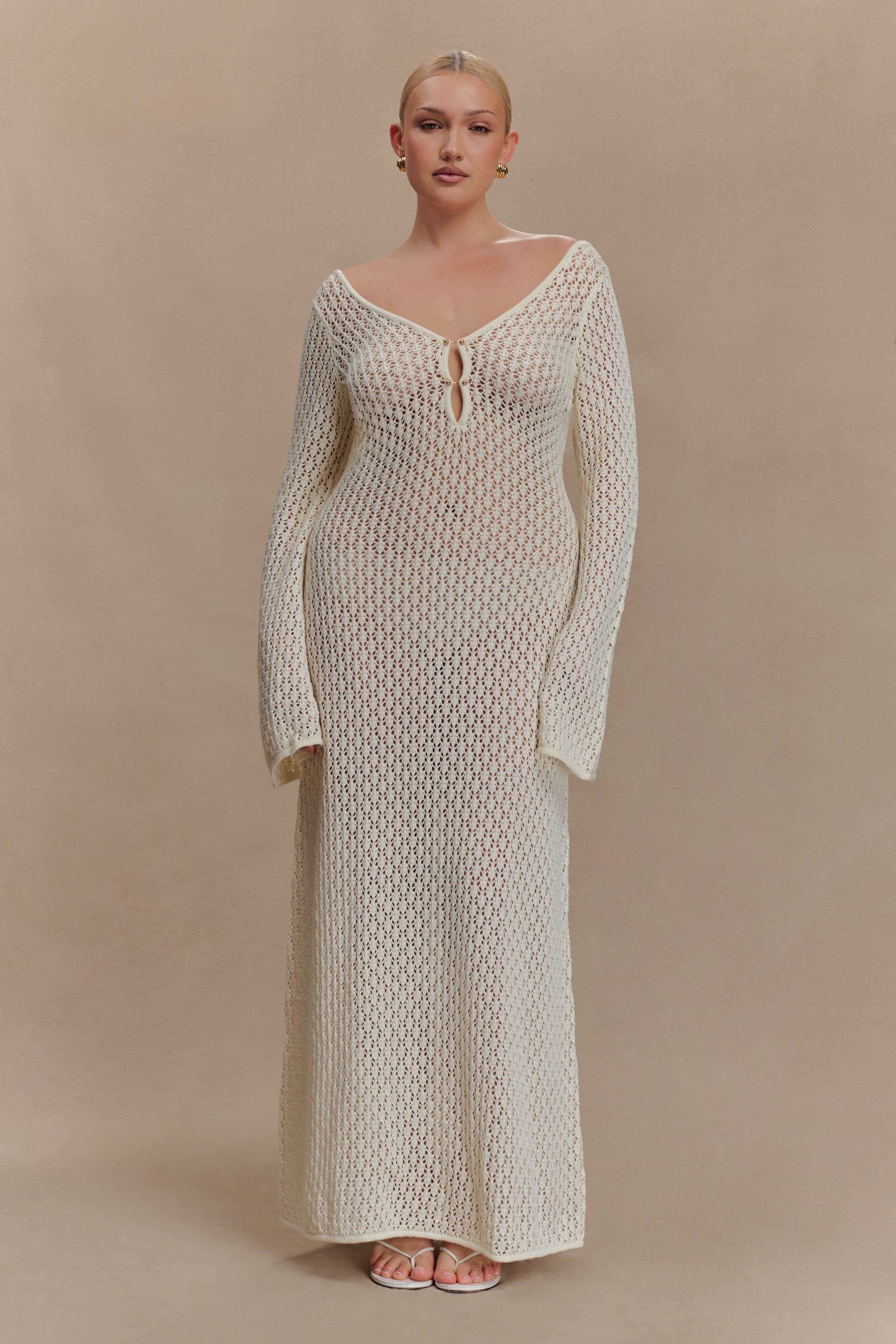 Kayleigh Crochet Fishtail Flare Sleeve Maxi Dress - White