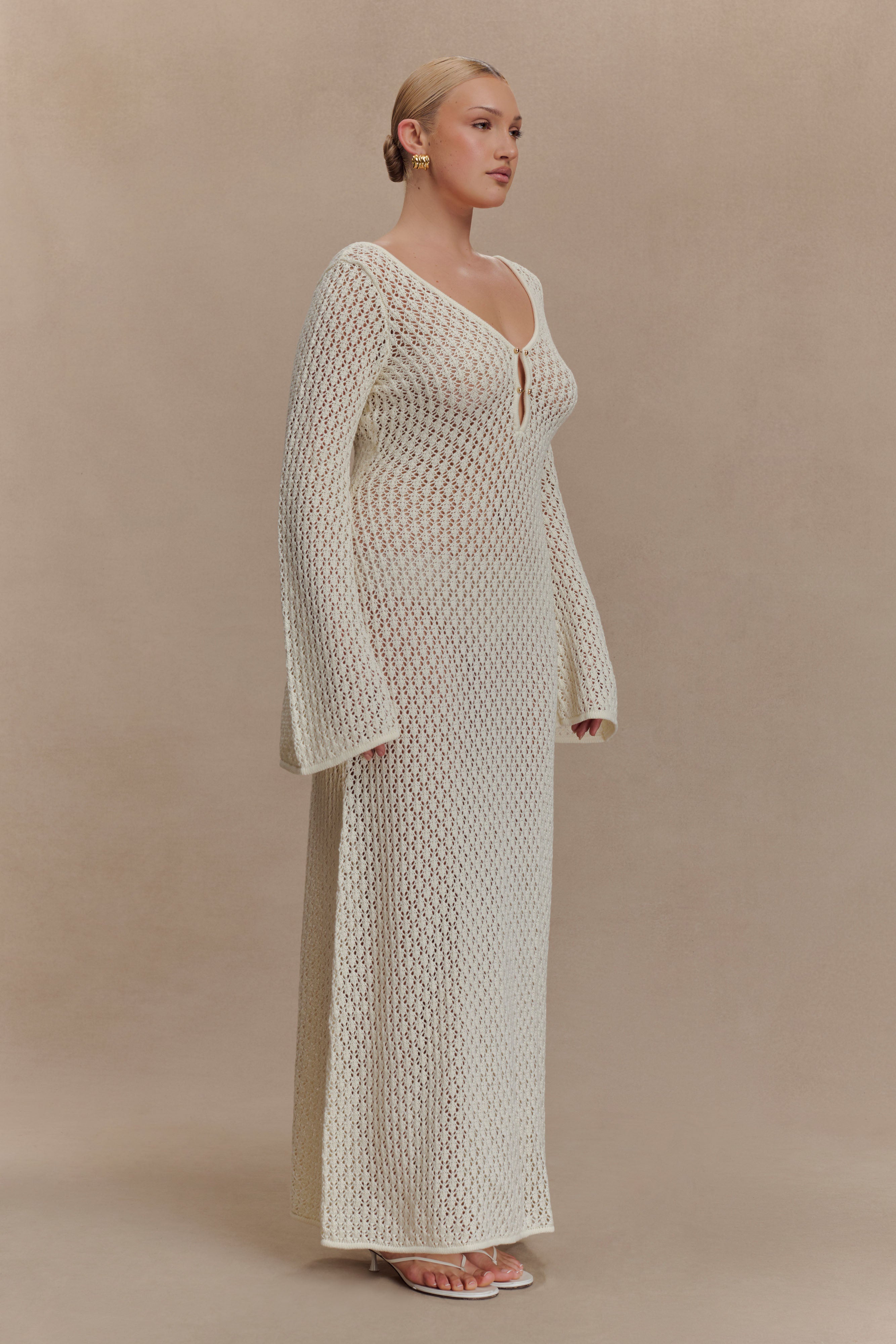 Kayleigh Crochet Fishtail Flare Sleeve Maxi Dress - White