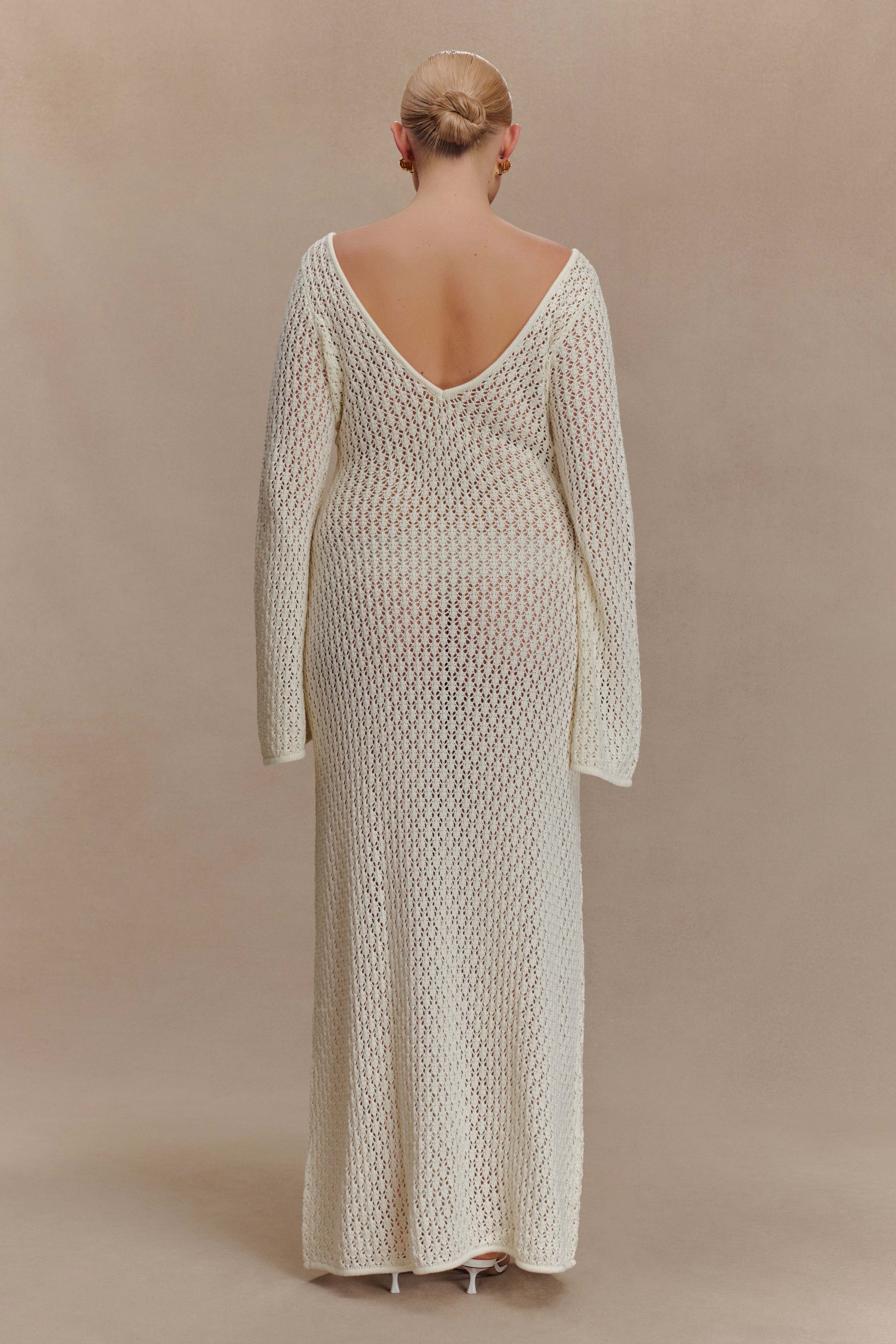Kayleigh Crochet Fishtail Flare Sleeve Maxi Dress - White