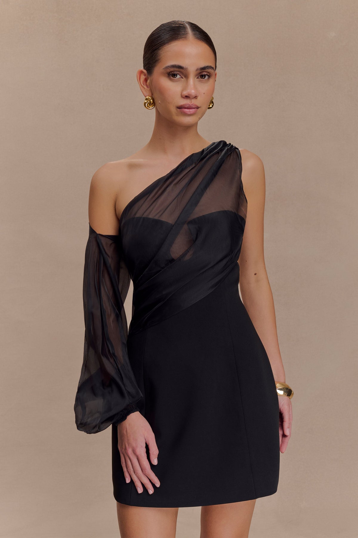 Effie Organza One Sleeve Mini Dress - Black