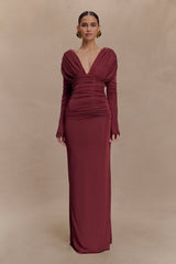 Hayden Long Sleeve Plunge Maxi Dress - Wine