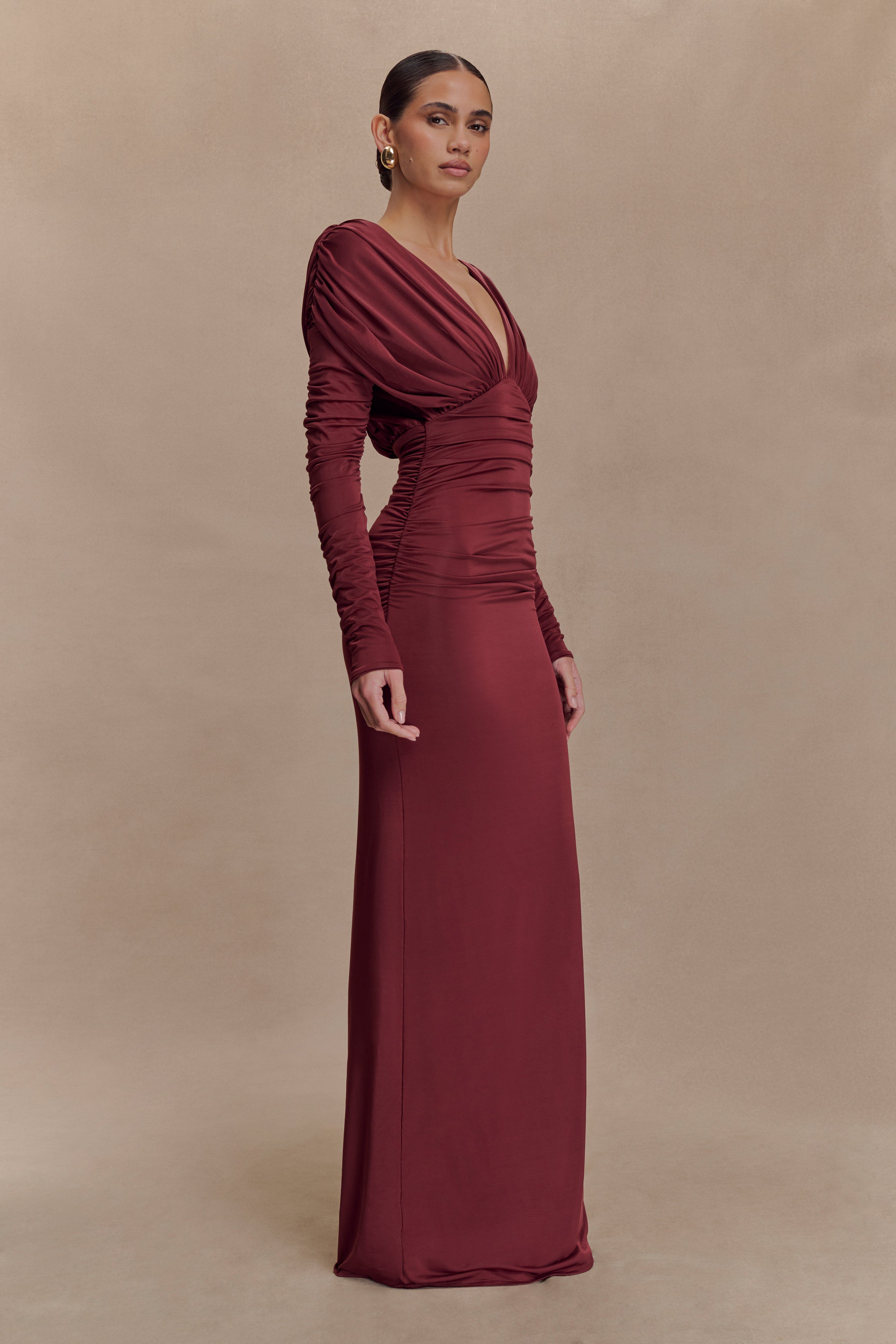 Hayden Long Sleeve Plunge Maxi Dress - Wine