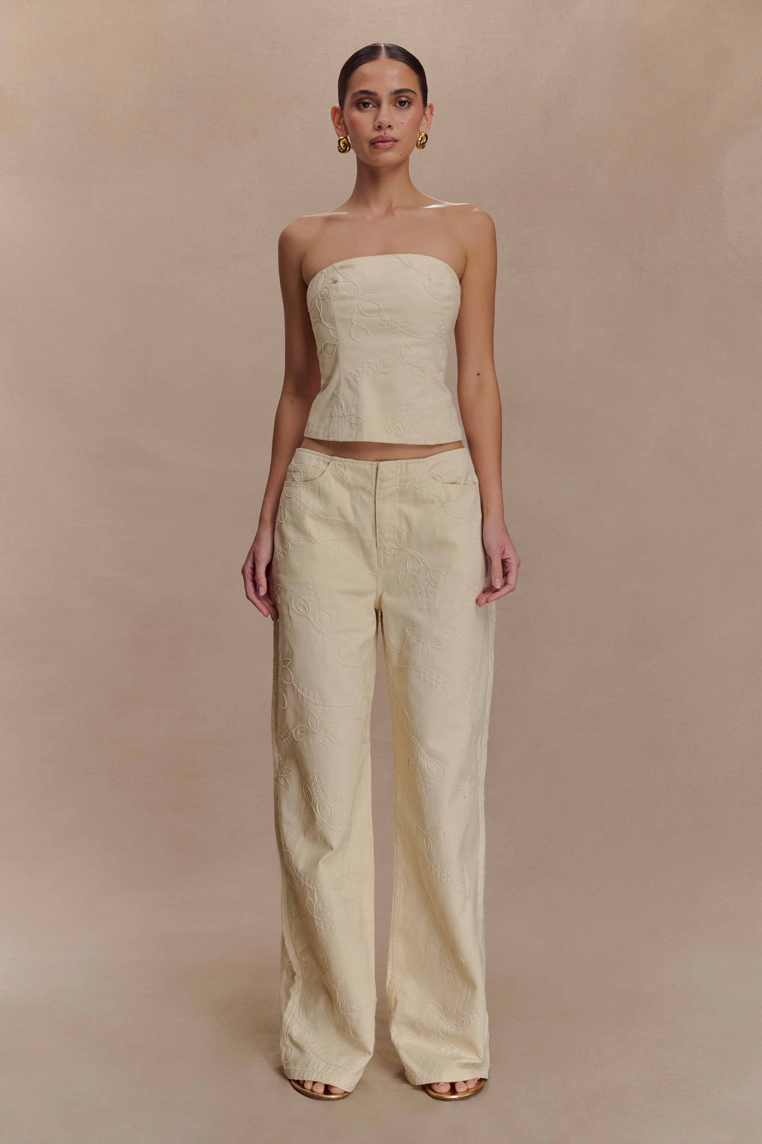 Ebony Embroidered Denim Jeans - Cream