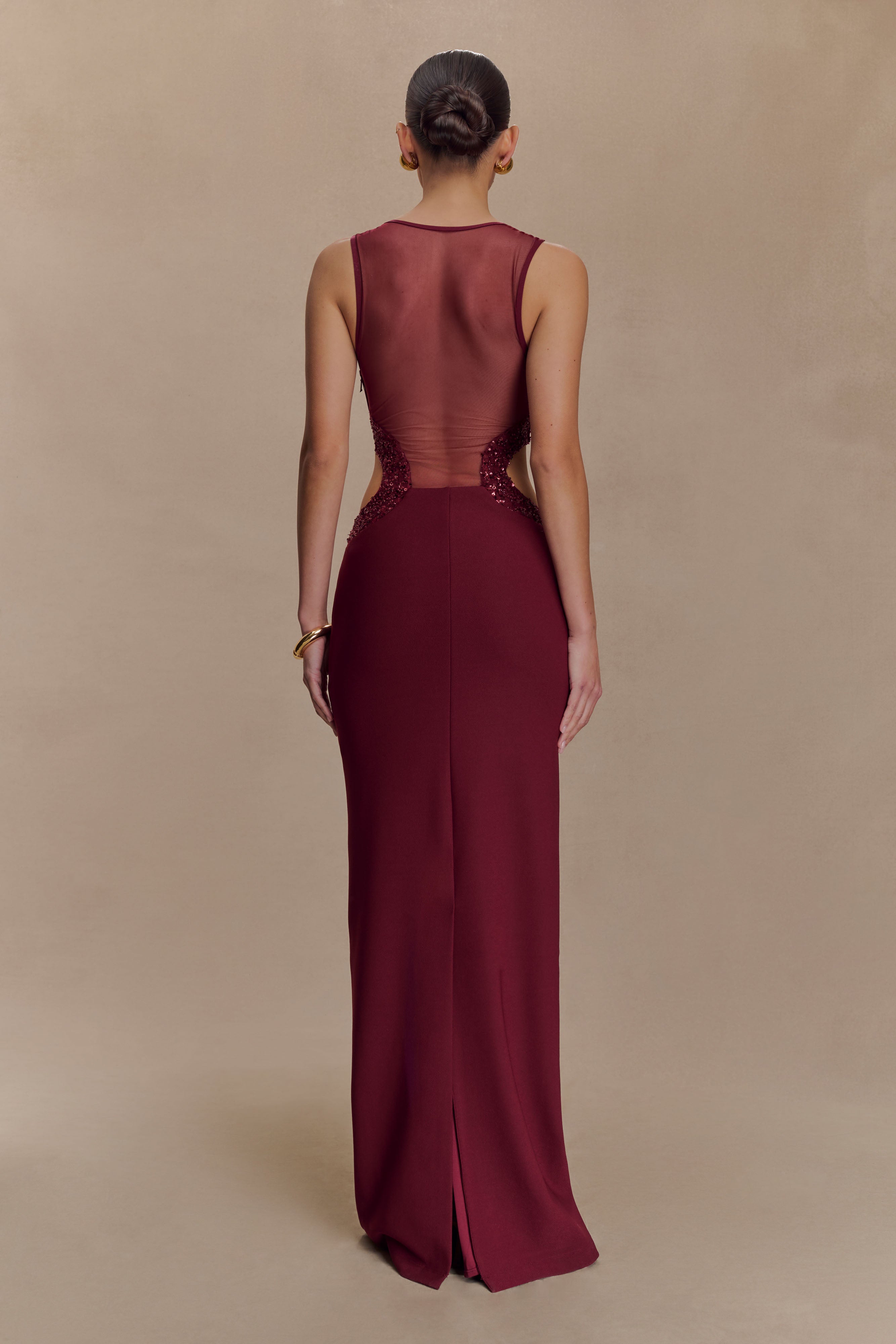 Angelique Beaded Crepe Maxi Dress - Wine