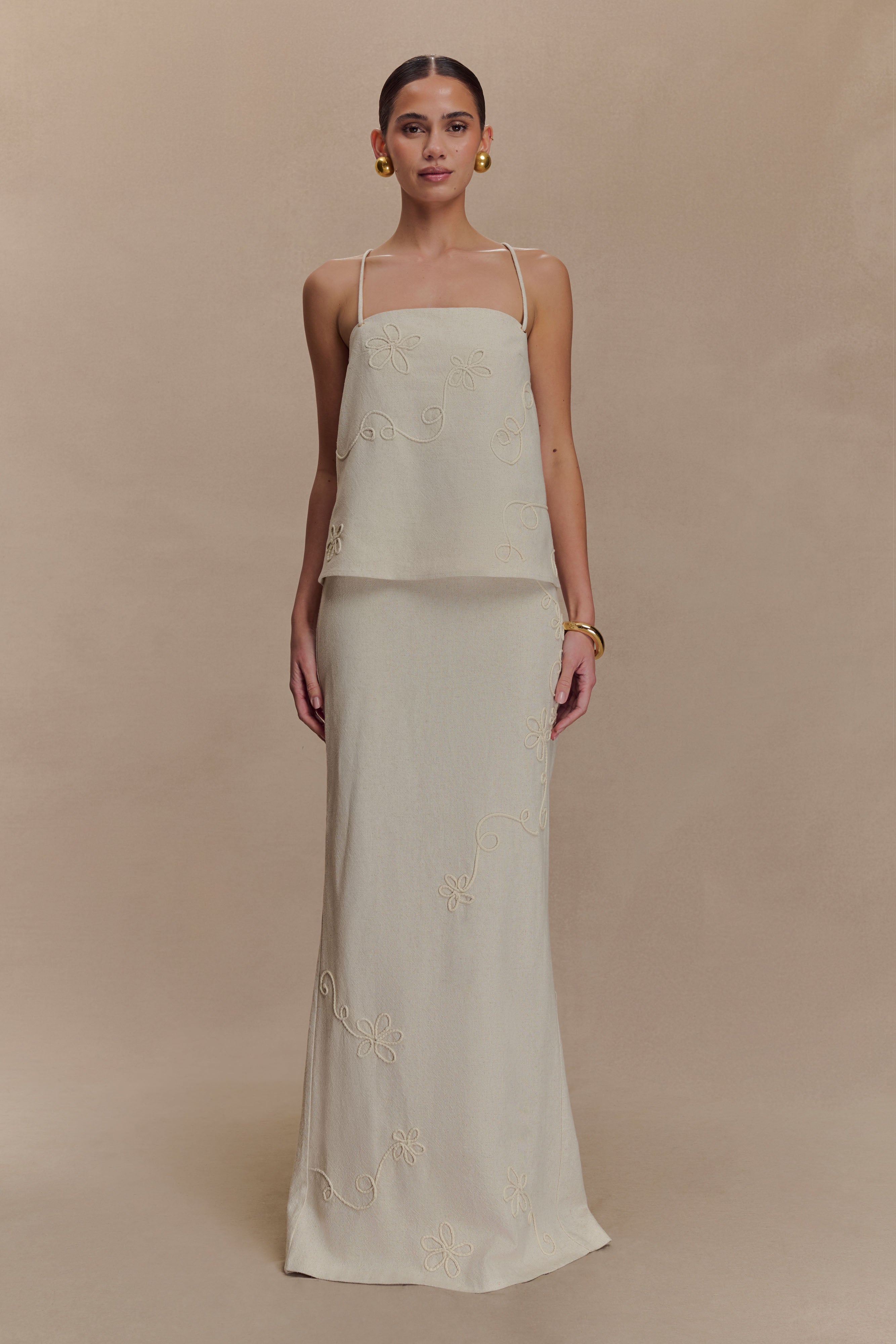 Casey Linen Embroidered Maxi Skirt - Natural