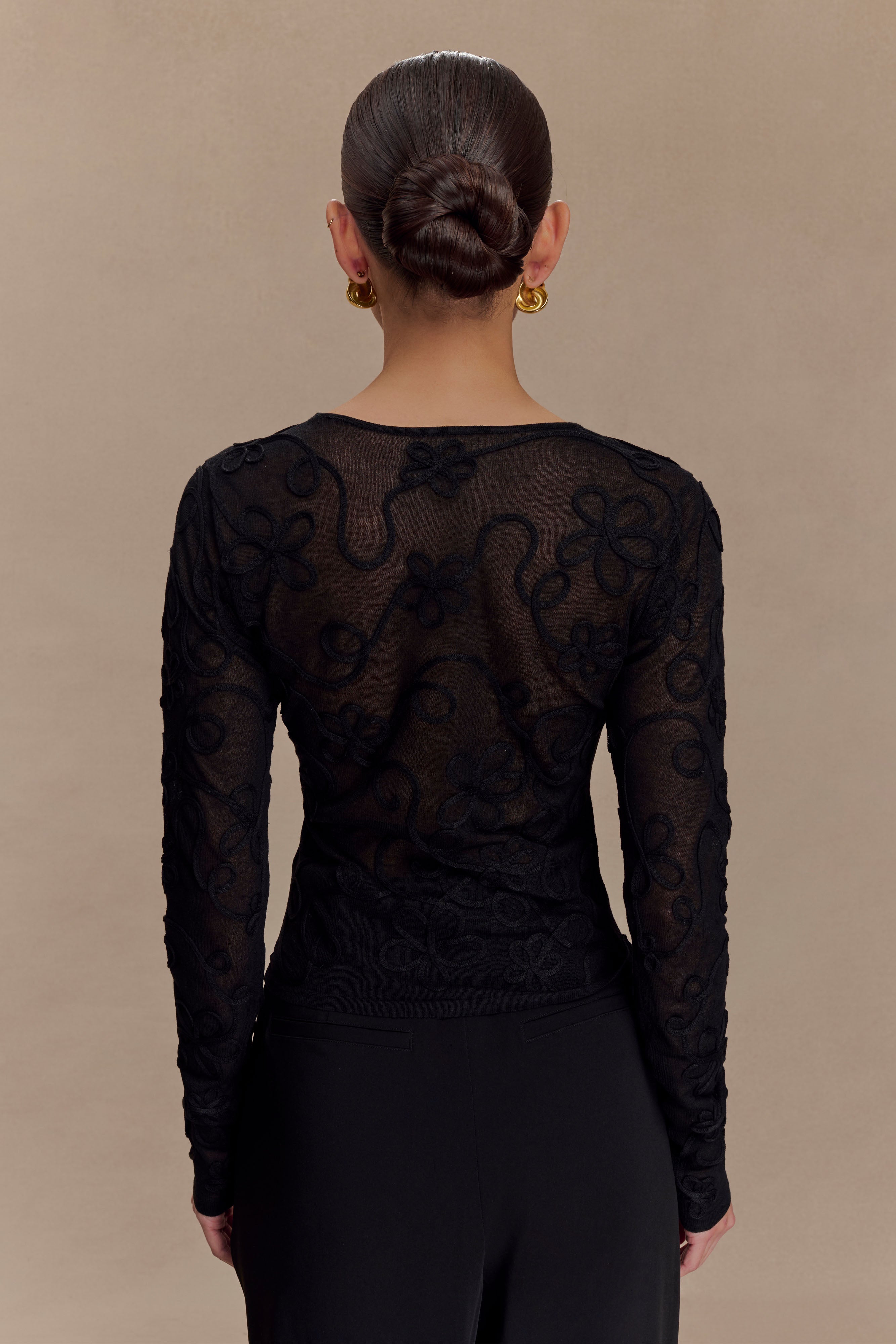 Omari Embroidery Long Sleeve Knit Top - Black