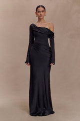 Iris Long Sleeve Satin Maxi Dress - Black