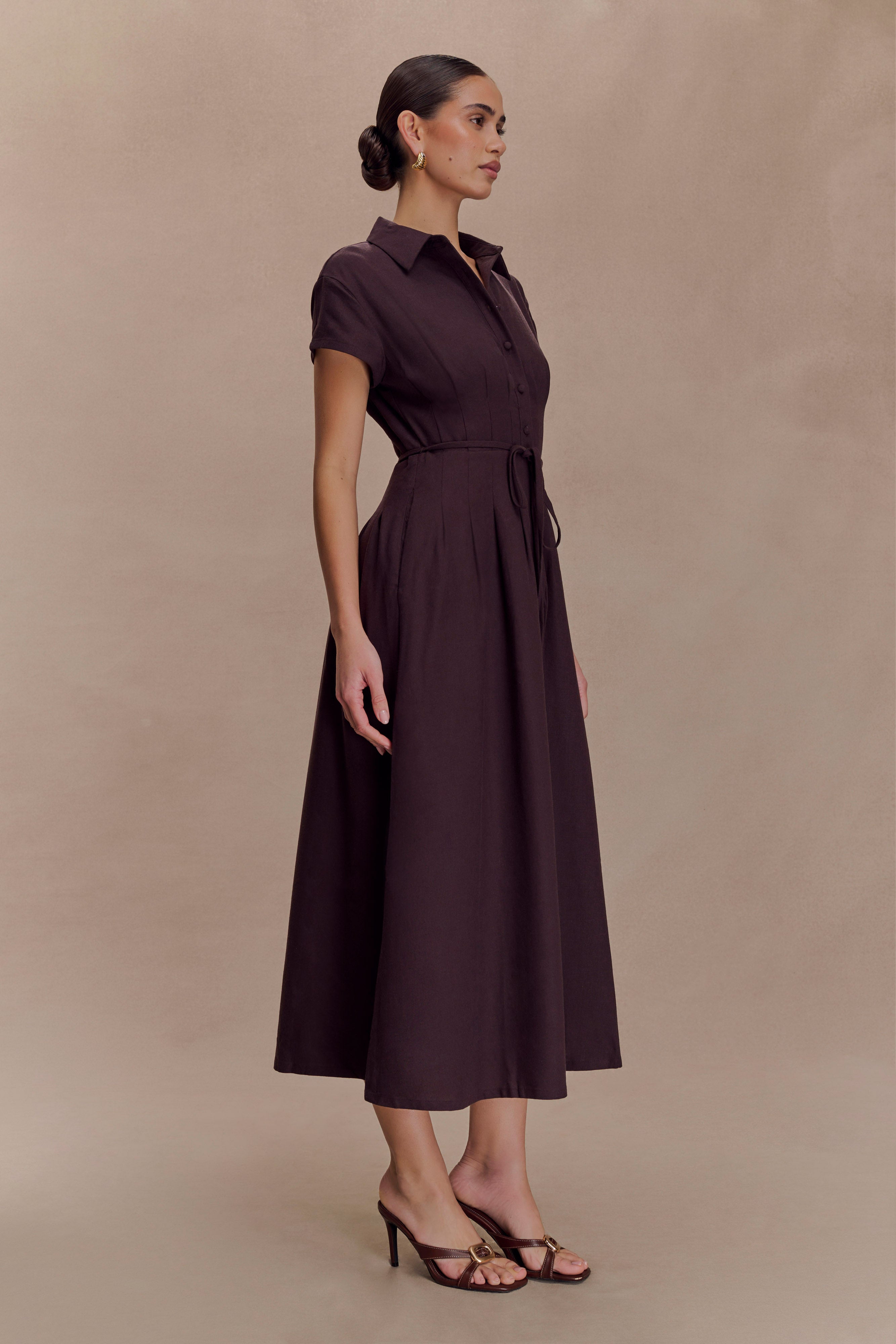 Aysha Buttoned Linen Midi Dress - Chocolate